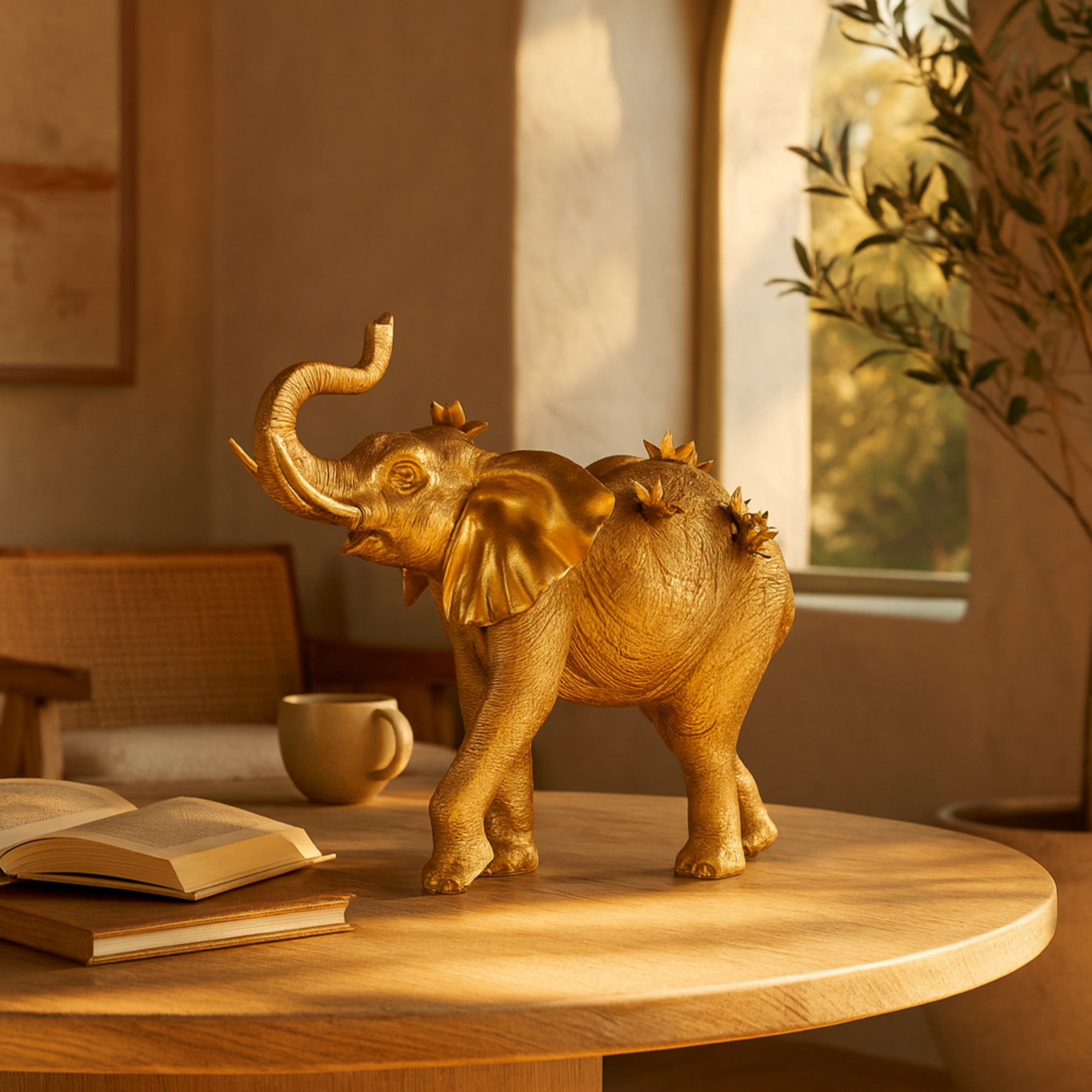 Elephant Gold Resin Walking Decorative Sculpture with Floral Accents