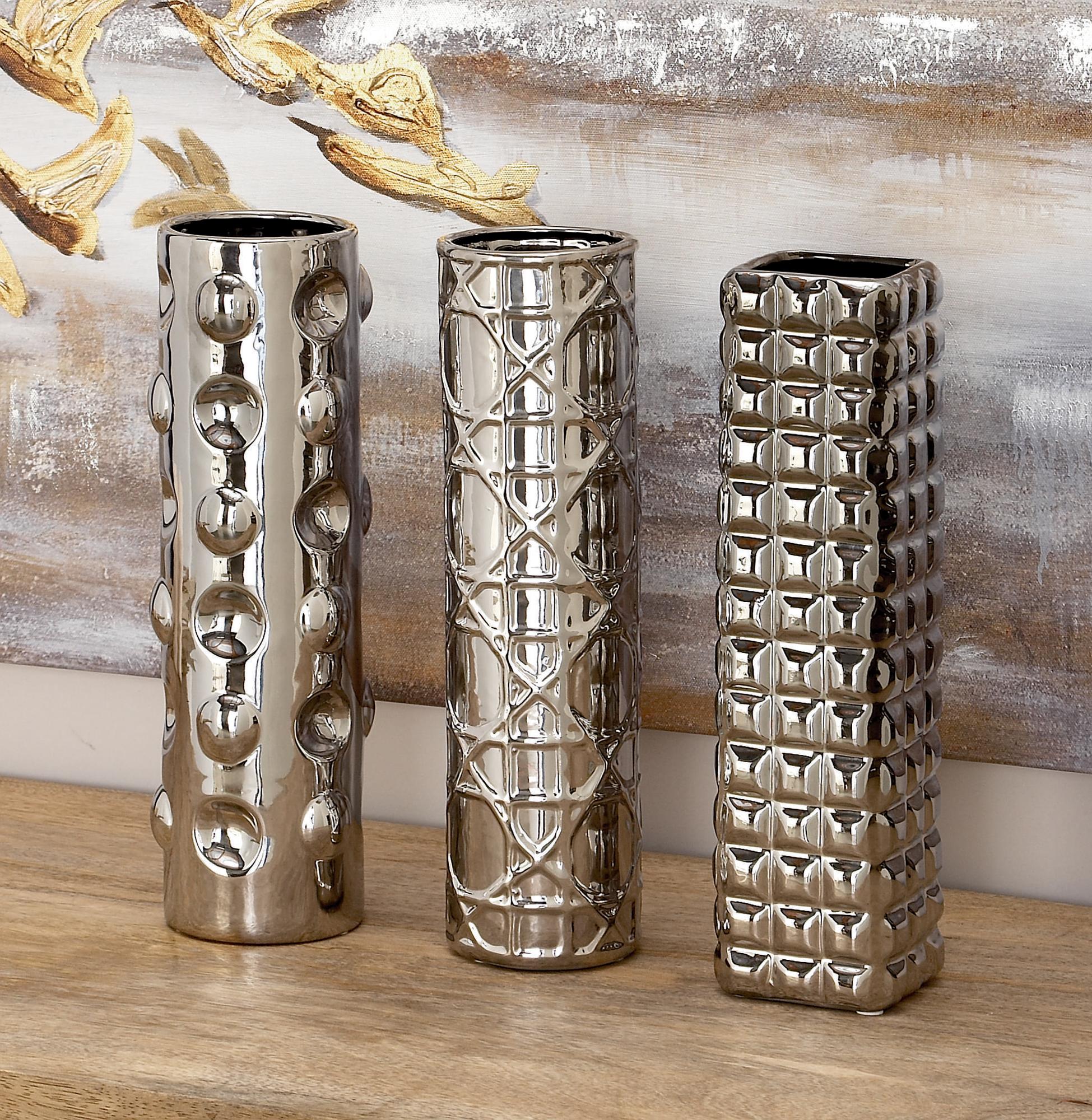 Set of 3 Geometric Silver Ceramic Decorative Vase with Varying Patterns