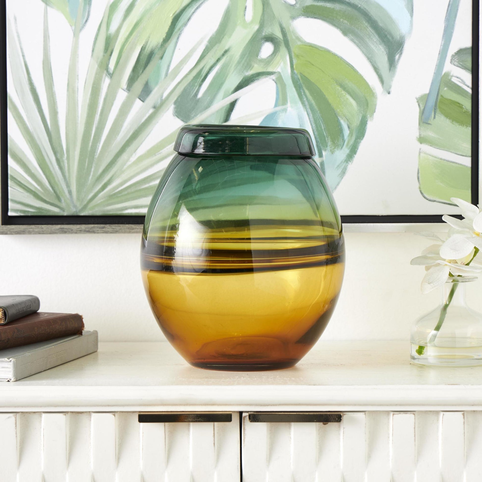 Green Glass Handmade Ombre Decorative Vase with Yellow Base