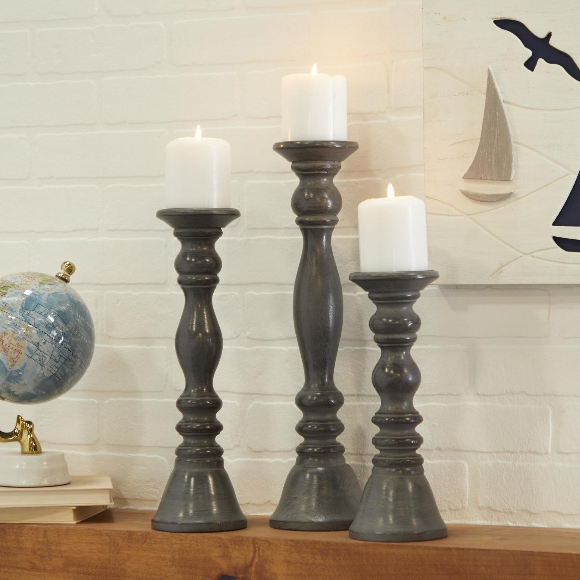 Set of 3 Wood Turned Style Pillar Decorative Candle Holder