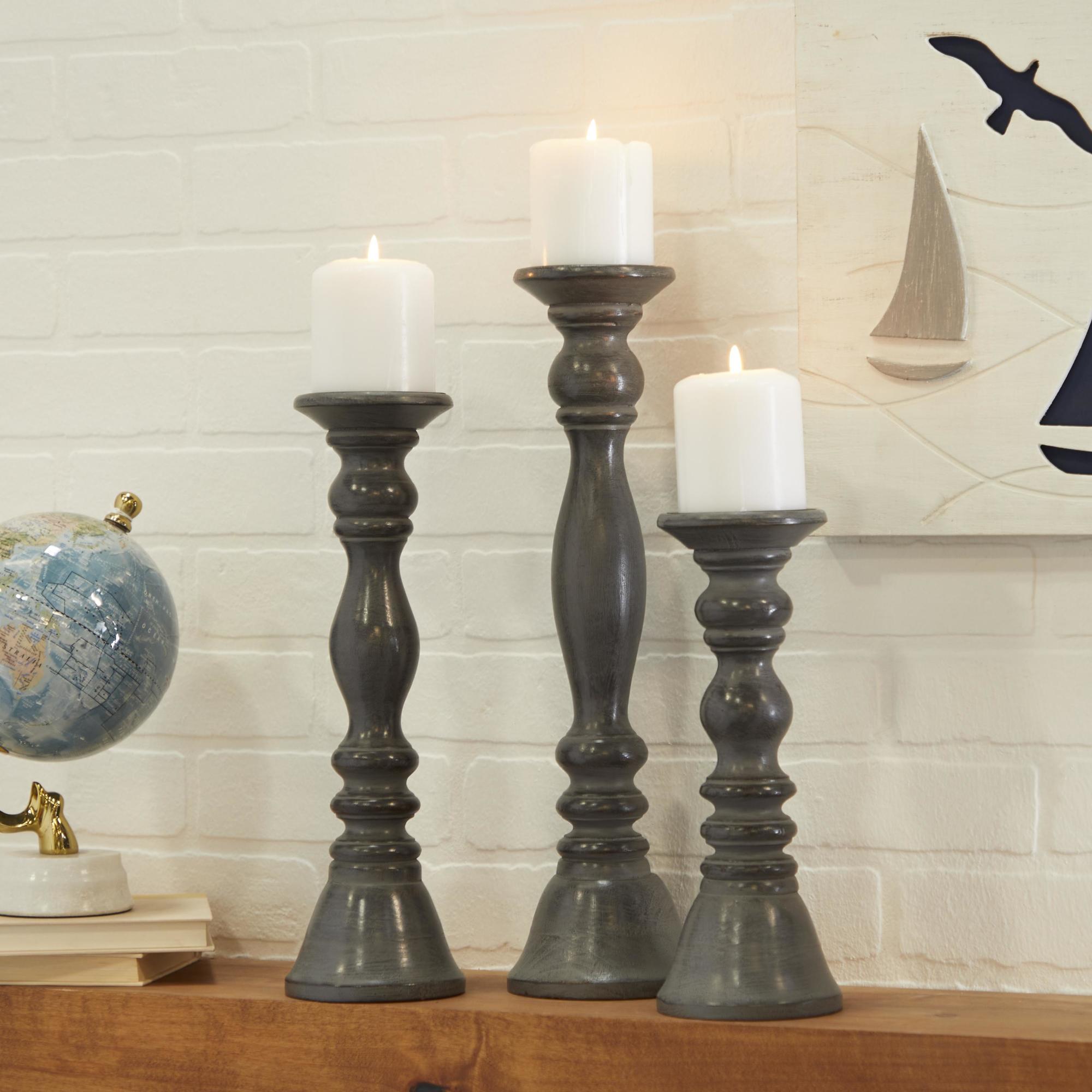 Set of 3 Wood Turned Style Pillar Decorative Candle Holder