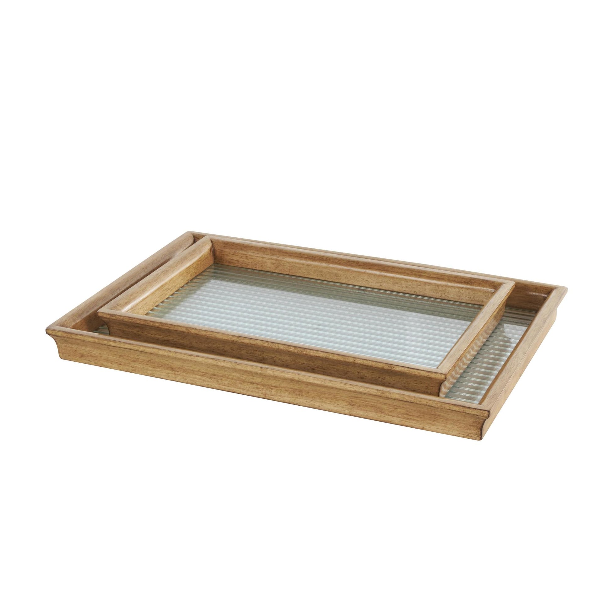 Set of 2 Brown Wood Nesting Living Room Decor Tray with Fluted Glass Bases