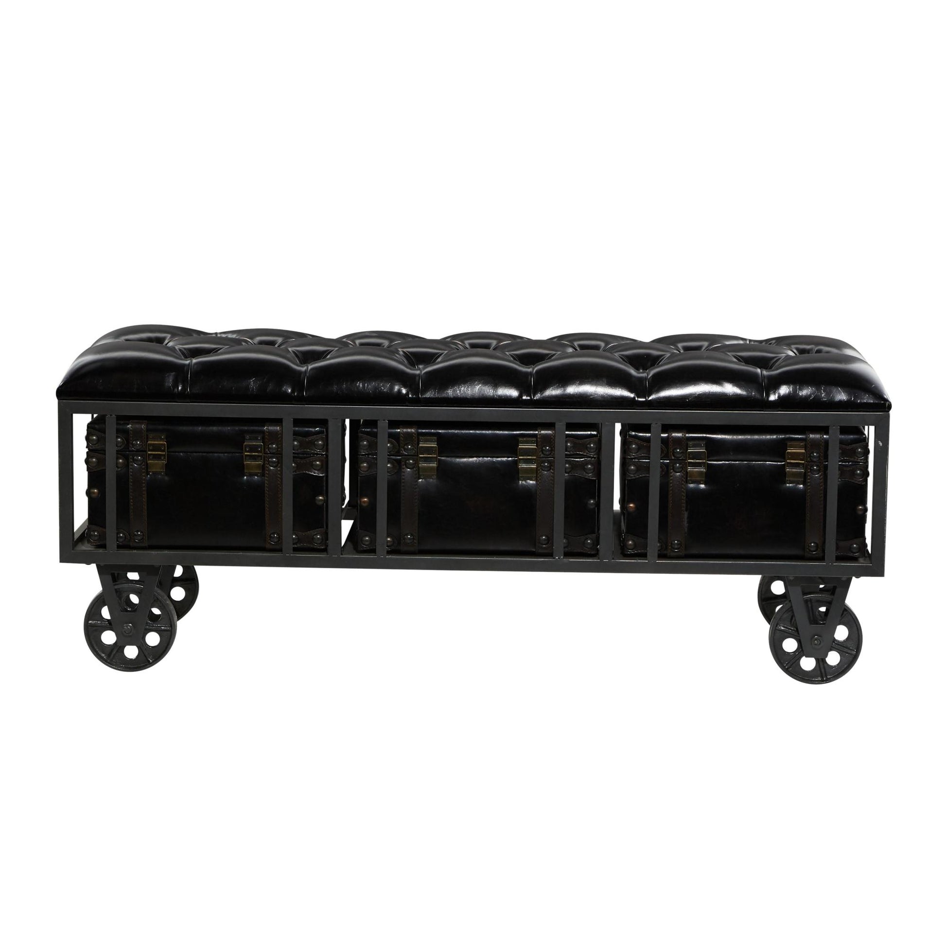Black Faux Leather Tufted Upholstered 3 Trunk Room Storage Bench with Wheels