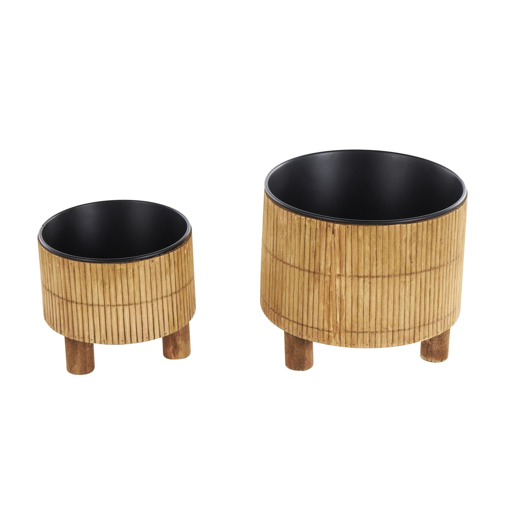 Set of 2 Brown Bamboo Wood Handmade Indoor Planter with Black Metal Interior