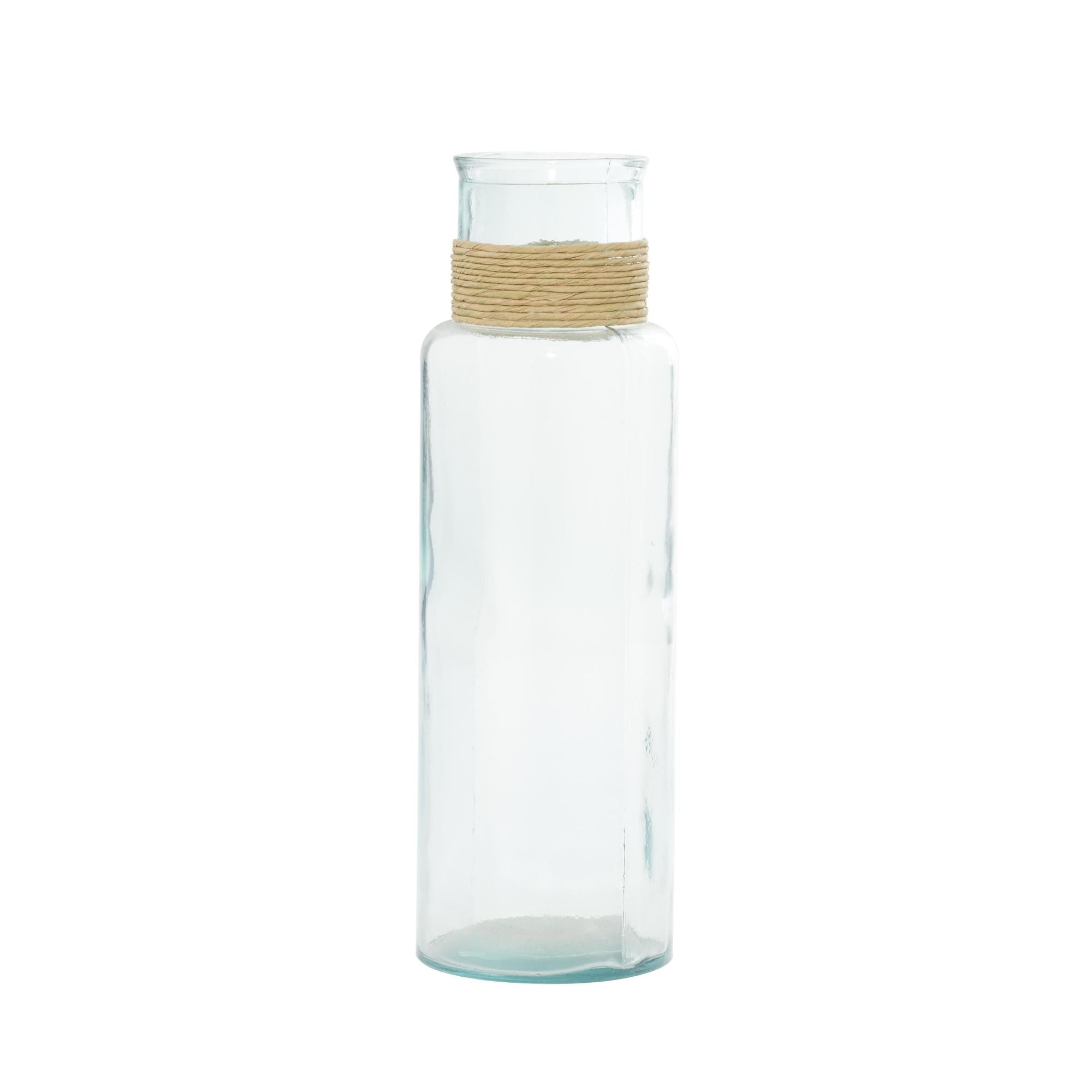 Teal Recycled Glass Handmade Slim Spanish Bottle Neck Decorative Vase with Wrapped Rattan Neck