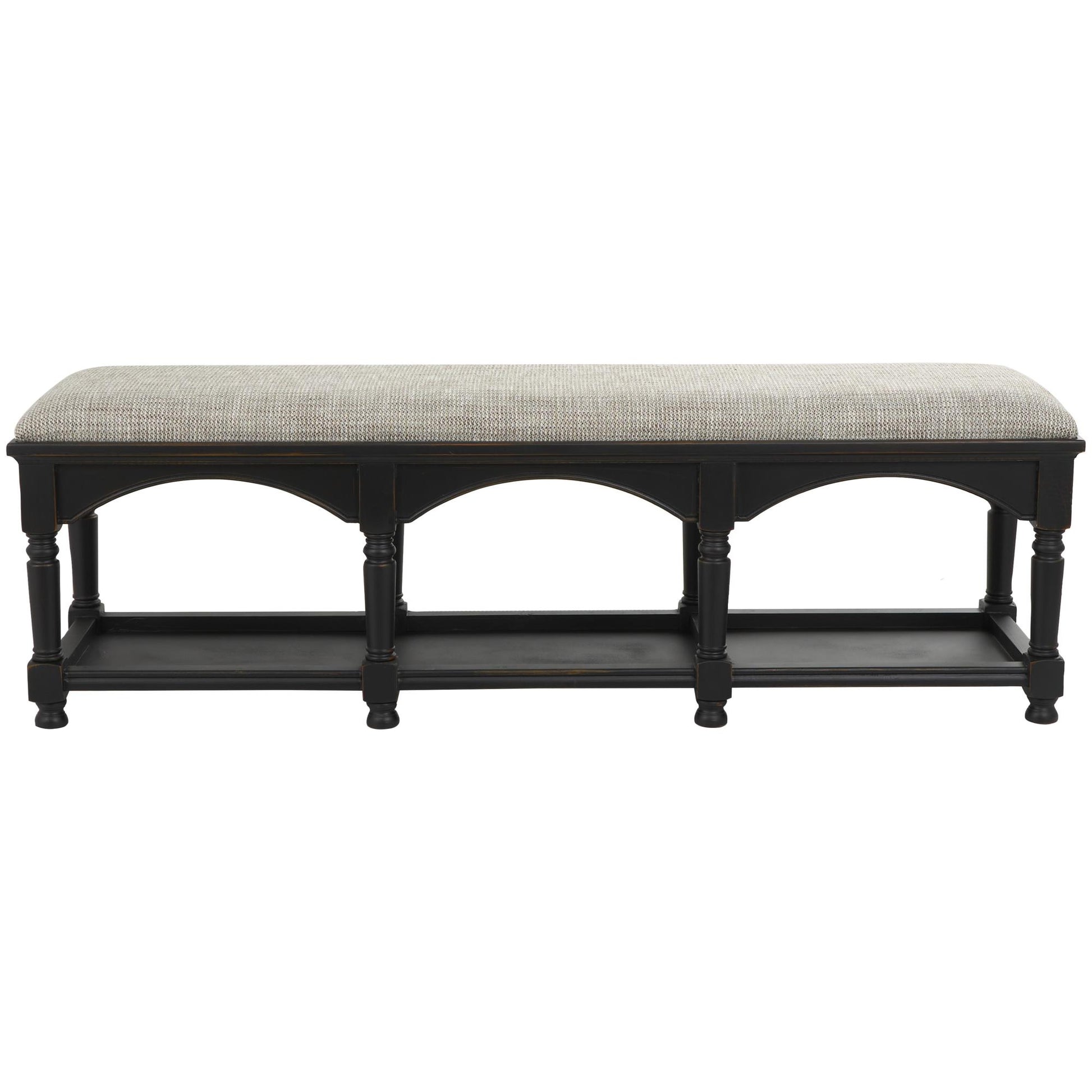 Black Wooden Arched Storage Home Bench with Traditional Turned Legs and Beige Cushion
