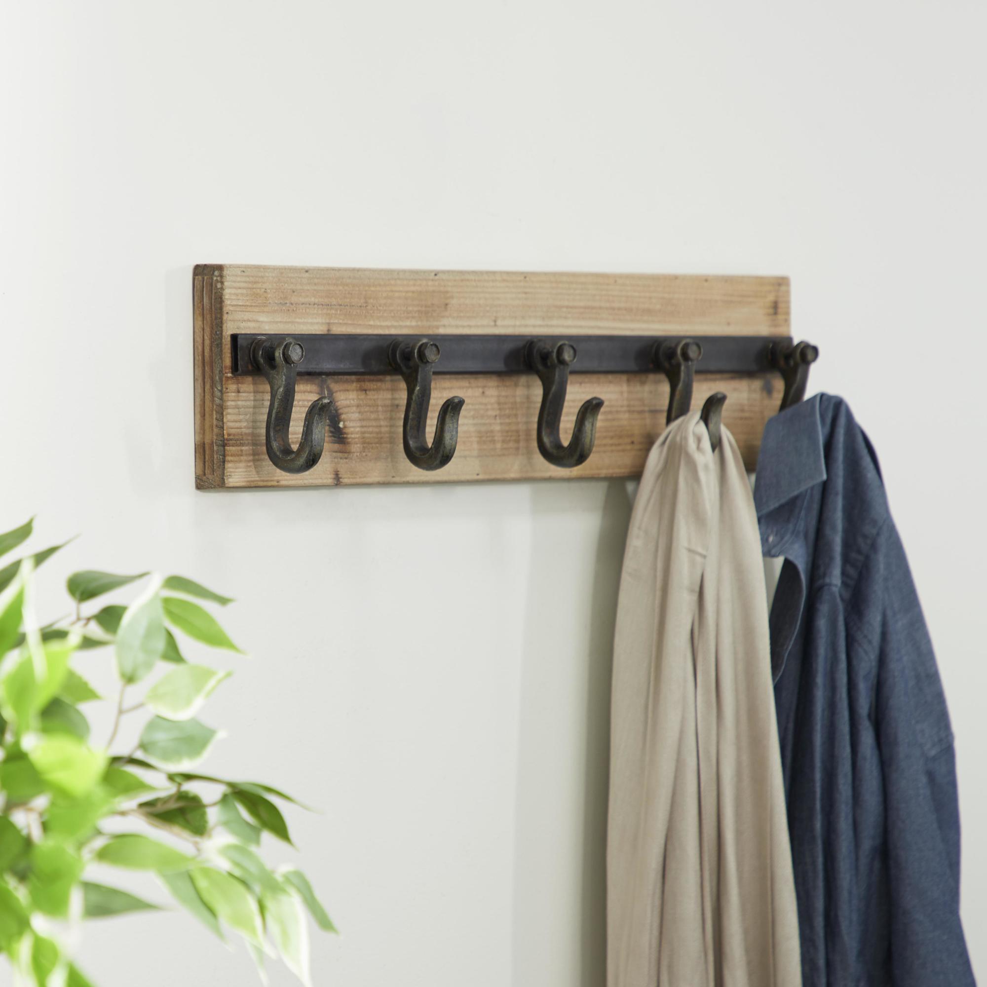 Brown Wood 5 Hanger Home Wall Hook with Black Metal Hardware