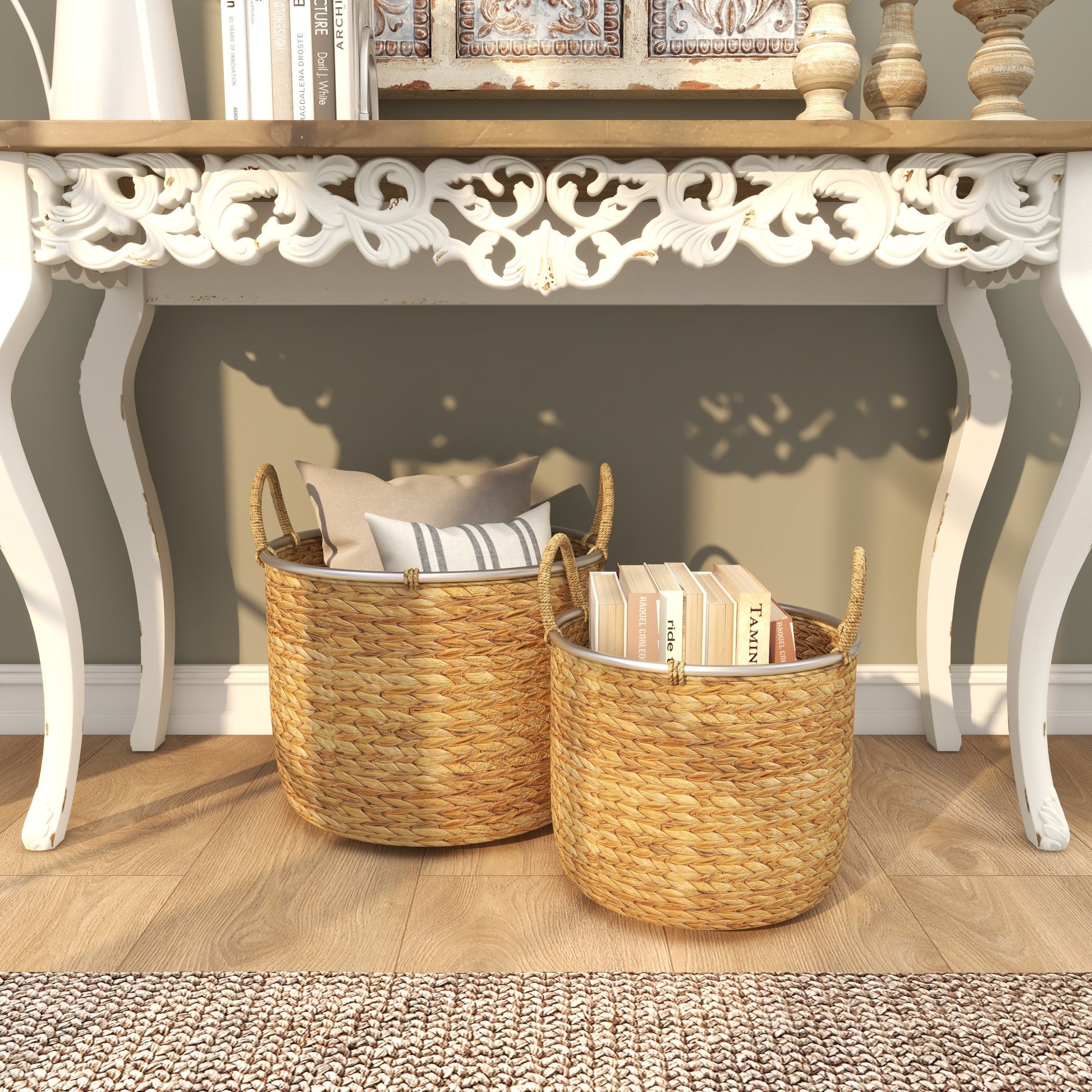 Set of 2 Light Brown Seagrass Handmade Decorative and Functional Storage Basket with Handles