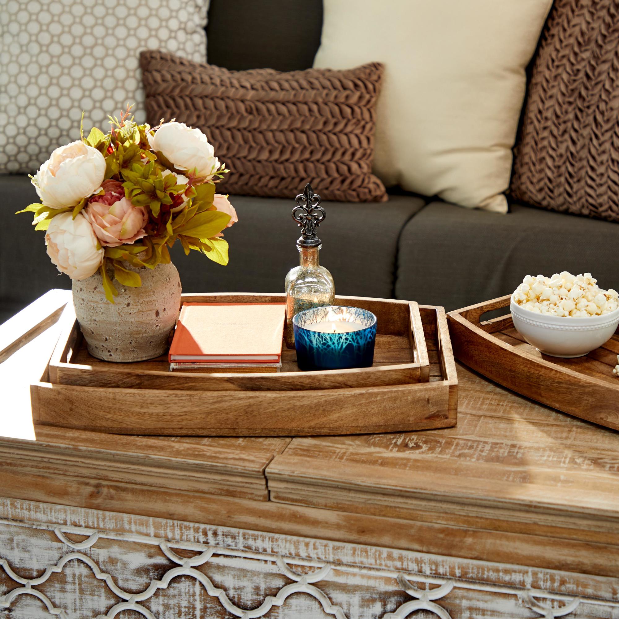 Set of 3 Brown Mango Wood Living Room Decor Tray with Slot Handles