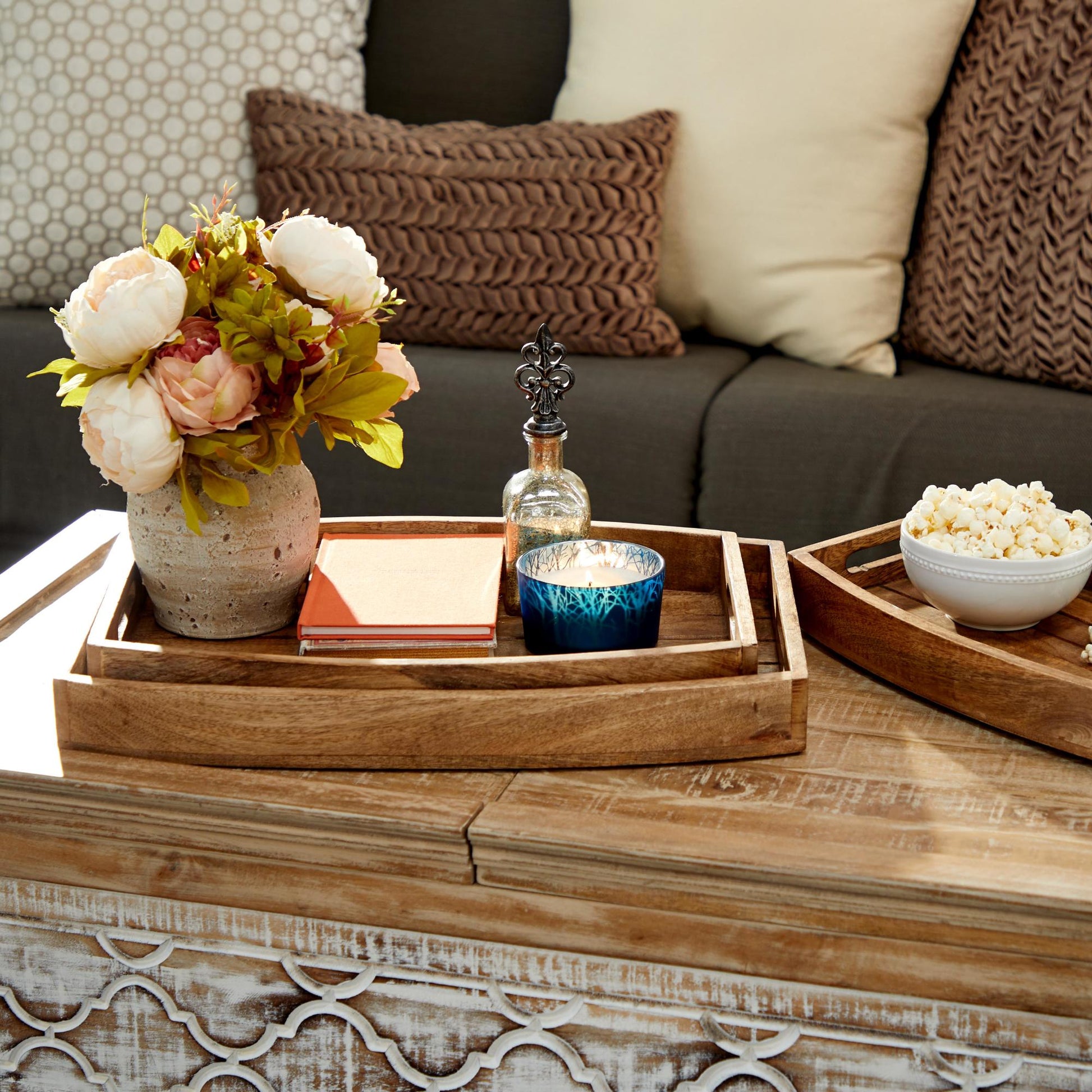 Set of 3 Brown Mango Wood Living Room Decor Tray with Slot Handles