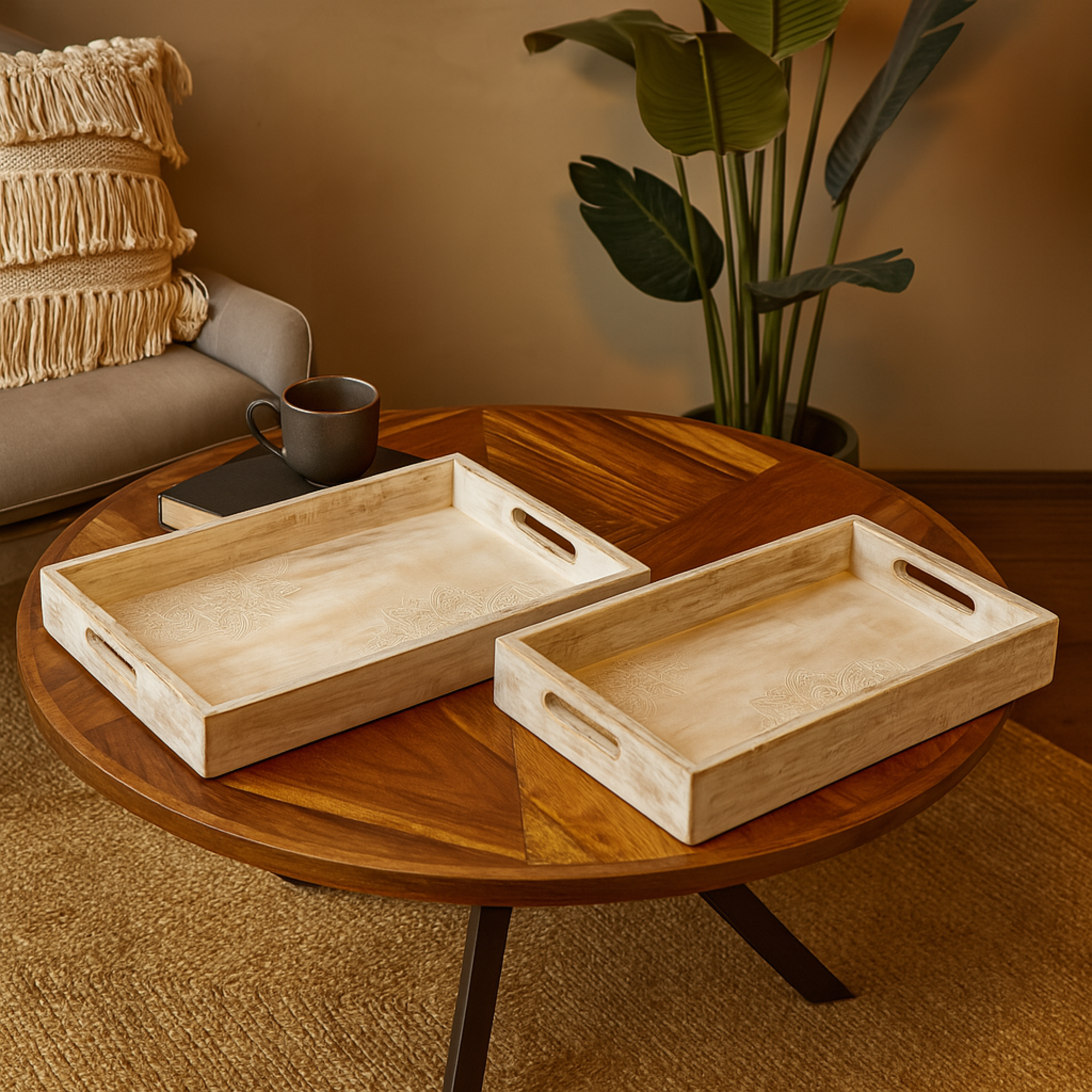 Set of 2 Cream Mango Wood Handmade Whitewashed Living Room Decor Tray with Carved Mandala Interior