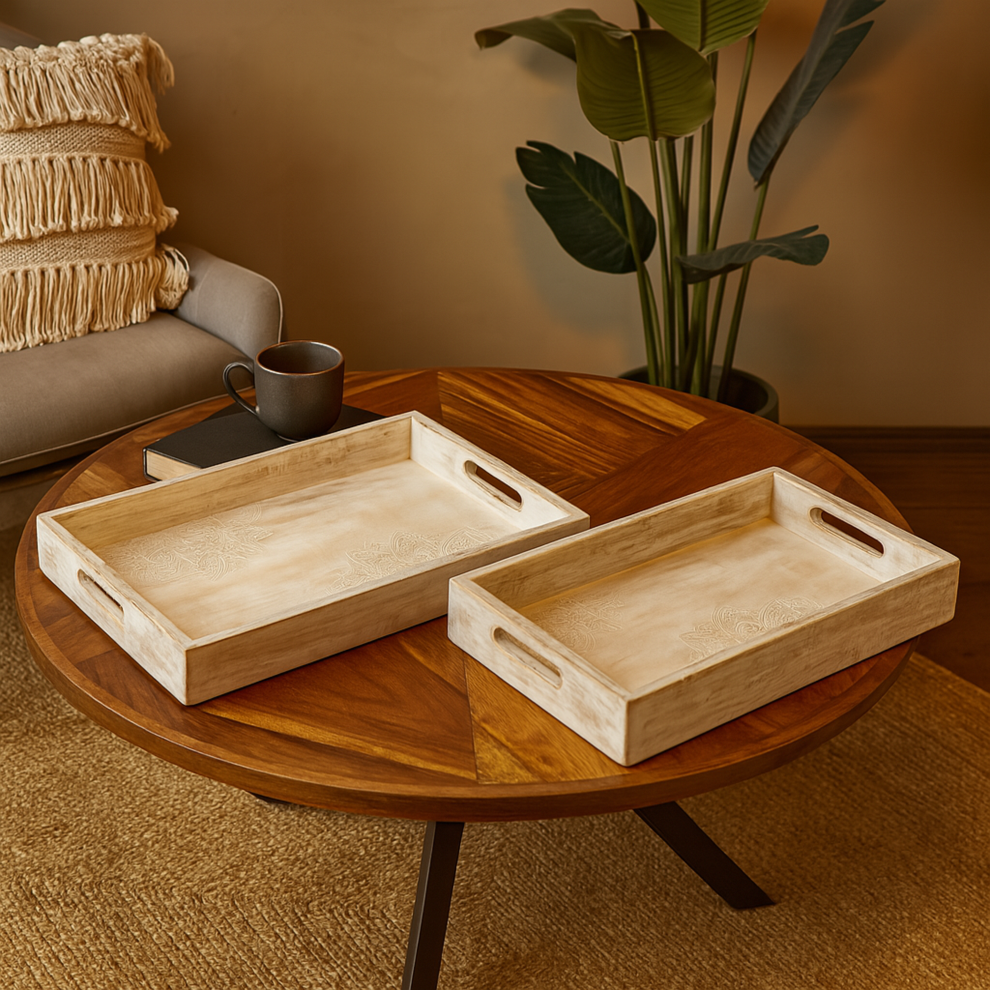 Set of 2 Cream Mango Wood Handmade Whitewashed Living Room Decor Tray with Carved Mandala Interior