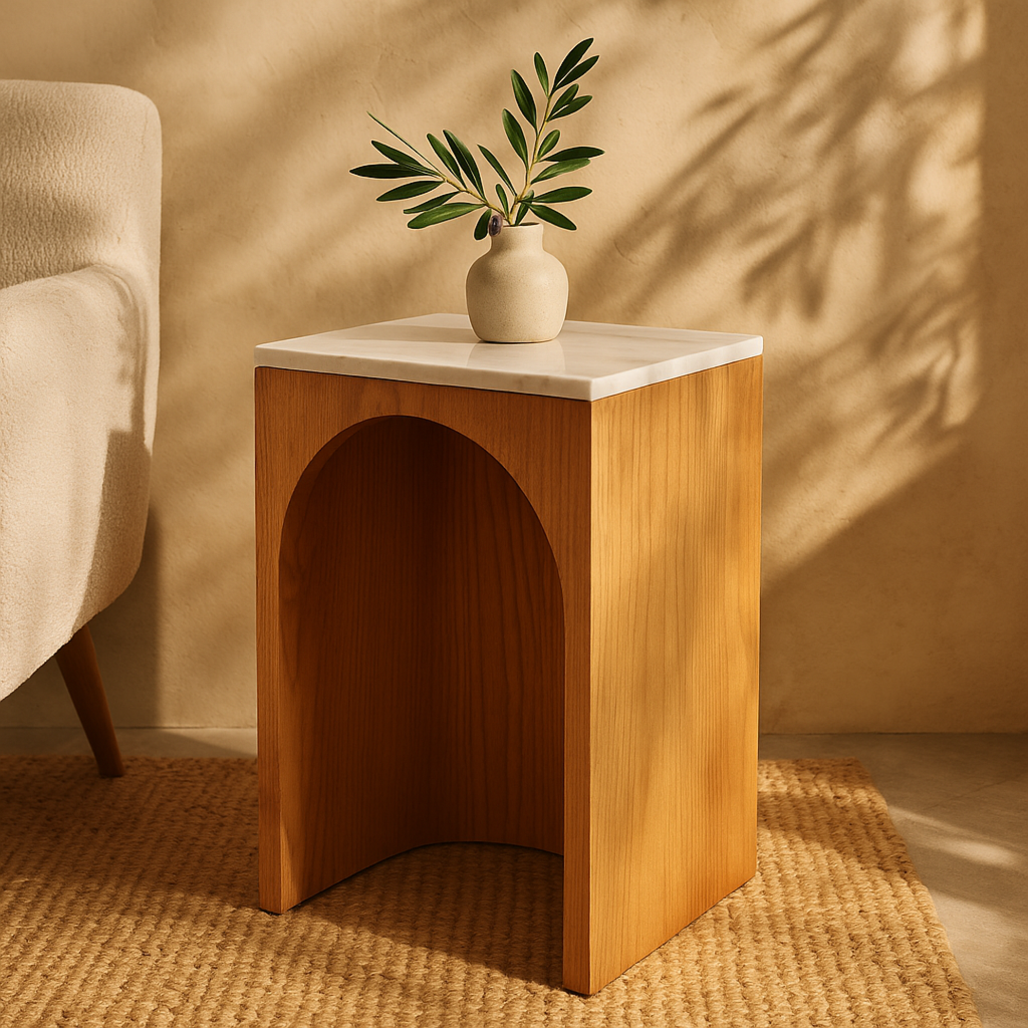 Wood Cutout Arch Side End Accent Table with White Marble Tabletop