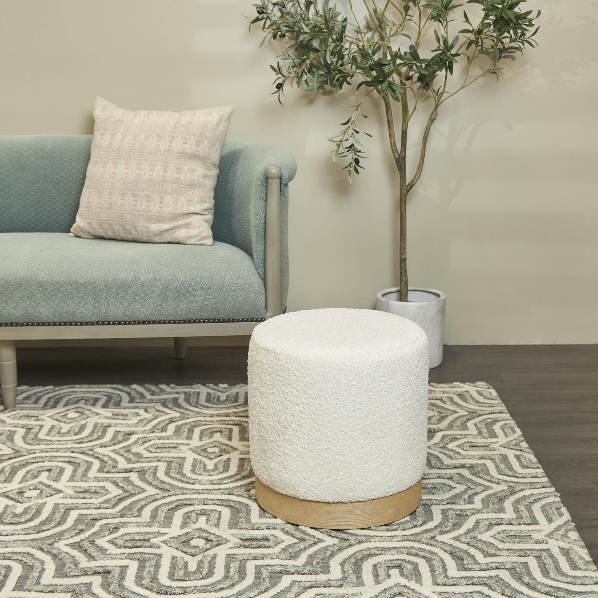 Geometric White Polyester Boucle Living Room Stool with Brown Wooden Base