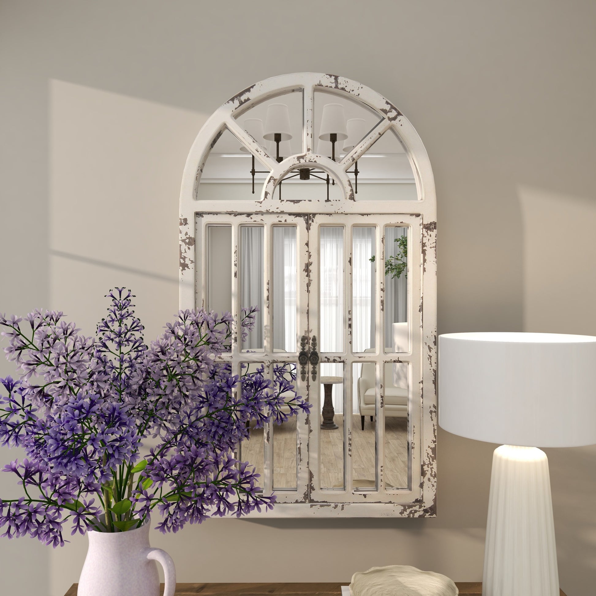 White Wood Window Pane Inspired 2 Door Room Wall Mirror with Arched Top and Distressing