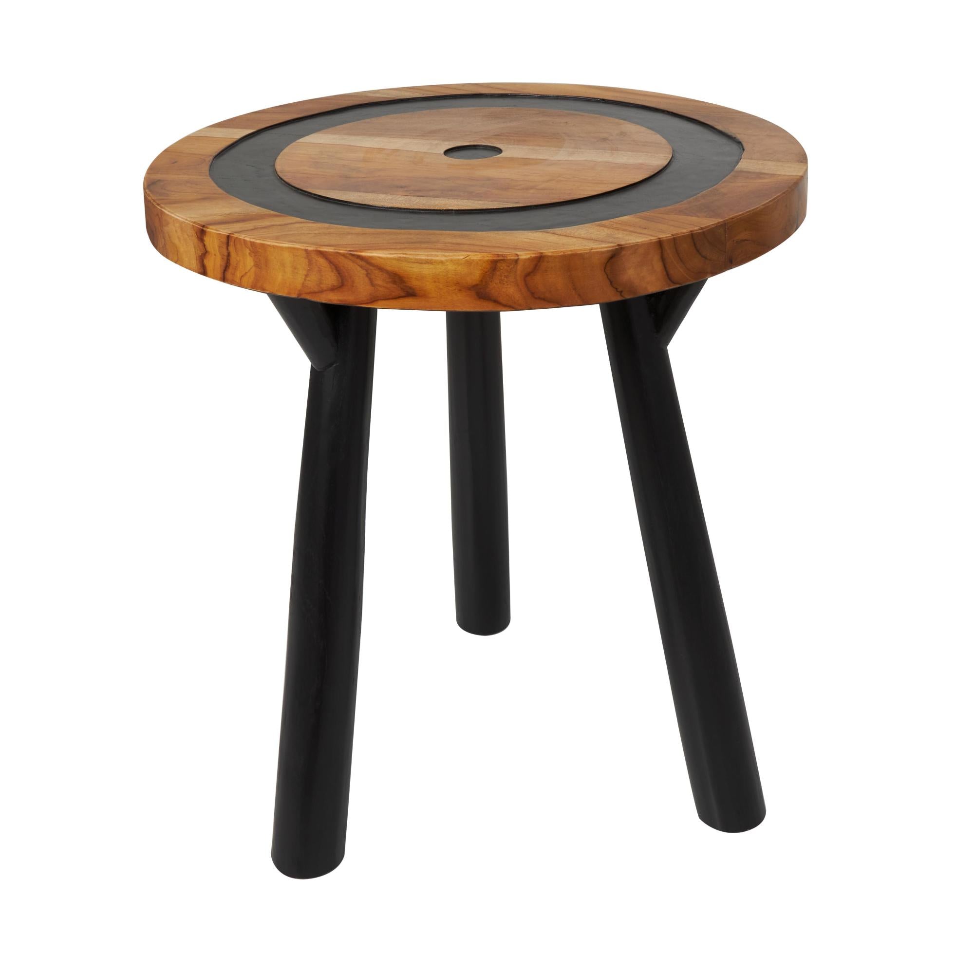 Geometric Brown Teak Wood Layered Circle Side End Accent Table with Black Legs