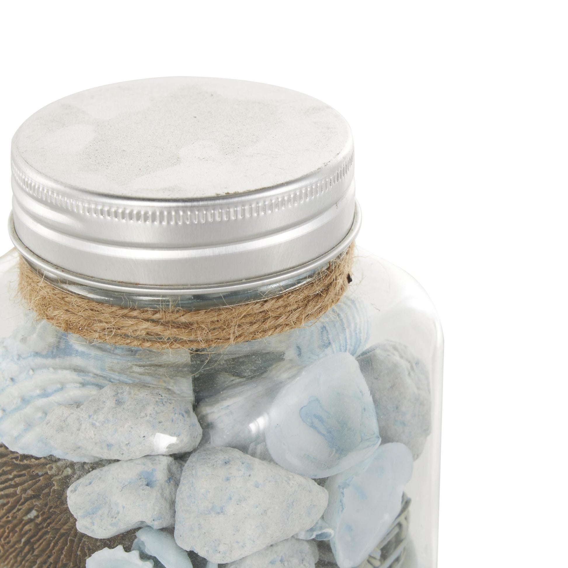 Set of 3 Clear Glass Decorative Orbs & Vase Filler with Seashells and Jute Rope Accents