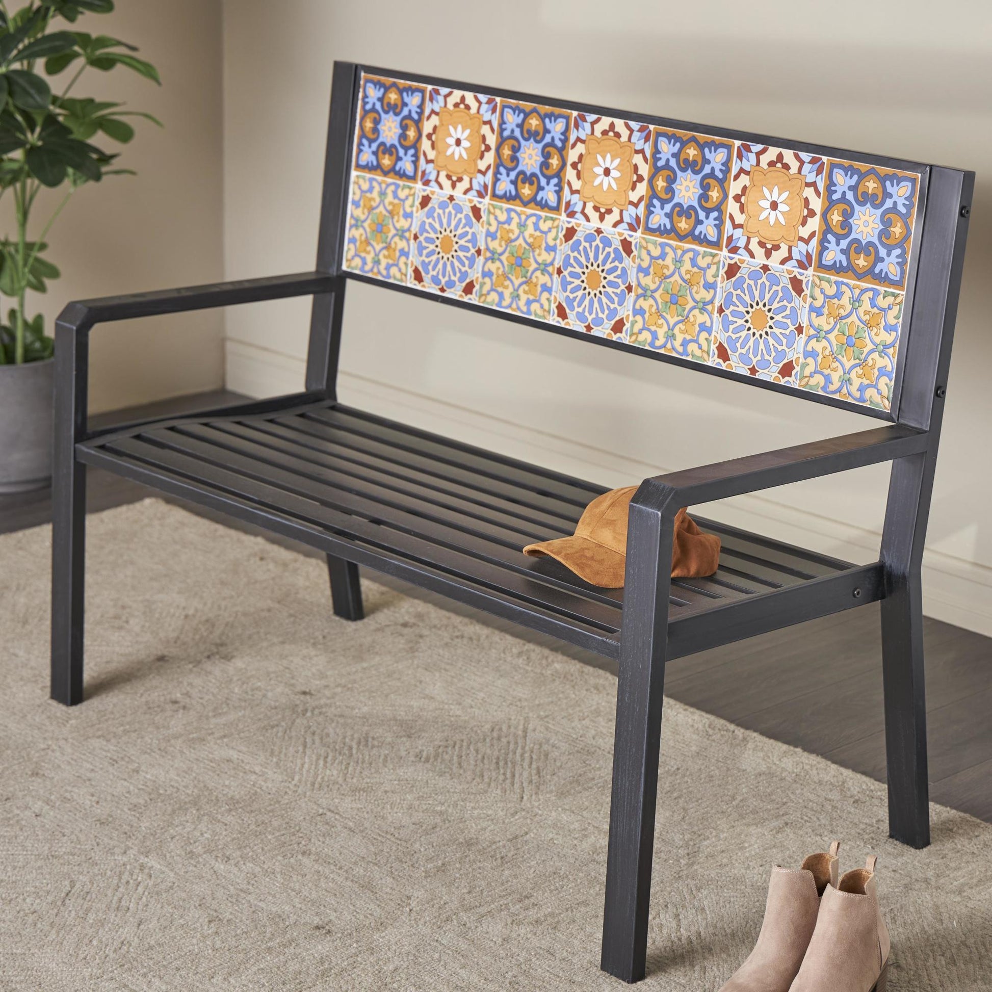 Metal Mosaic Floral and Scroll Patio Outdoor Bench with Orange and Blue Patterns 47" x 22" x 36"