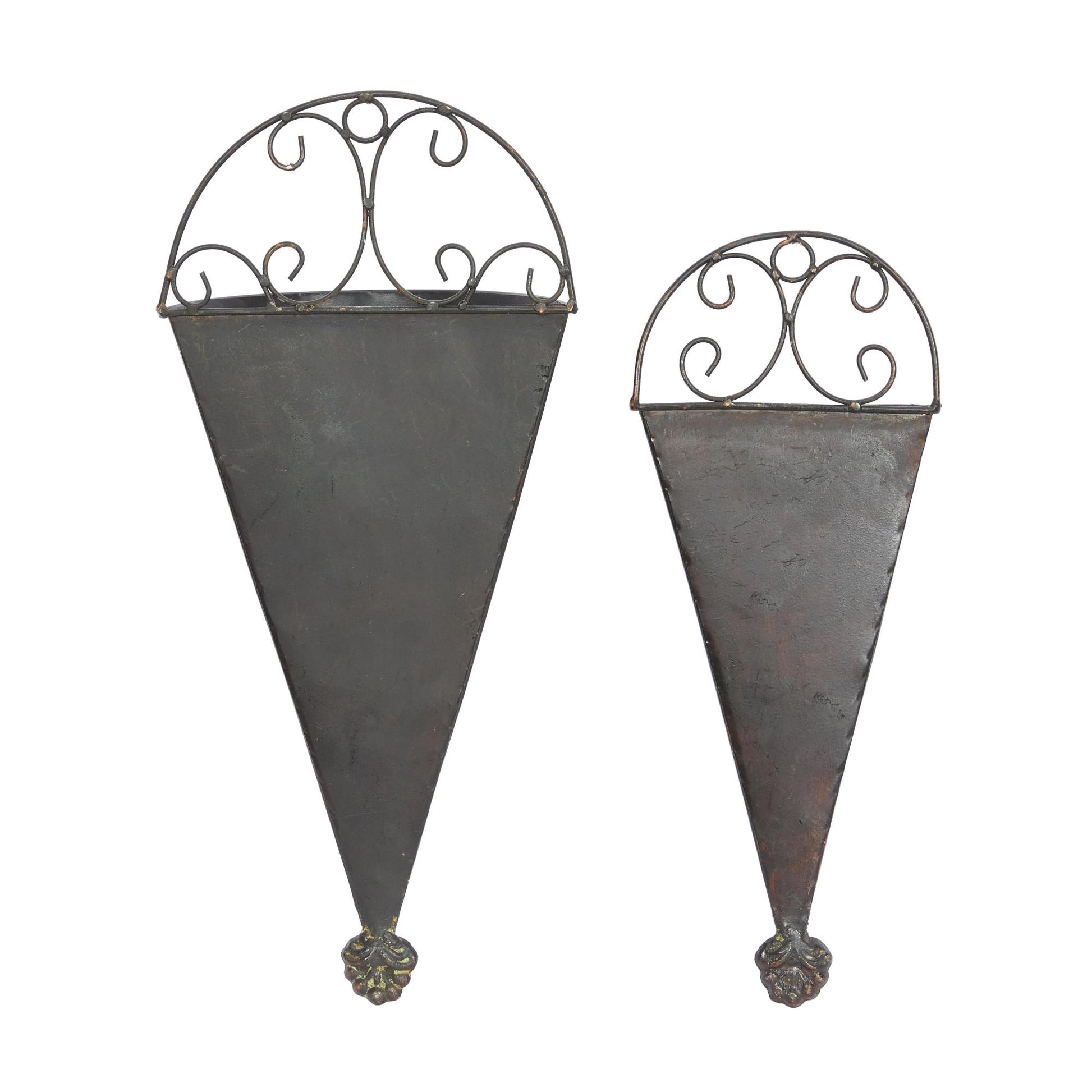 Set of 2 Scroll Black Metal Cone Indoor Outdoor Wall Planter