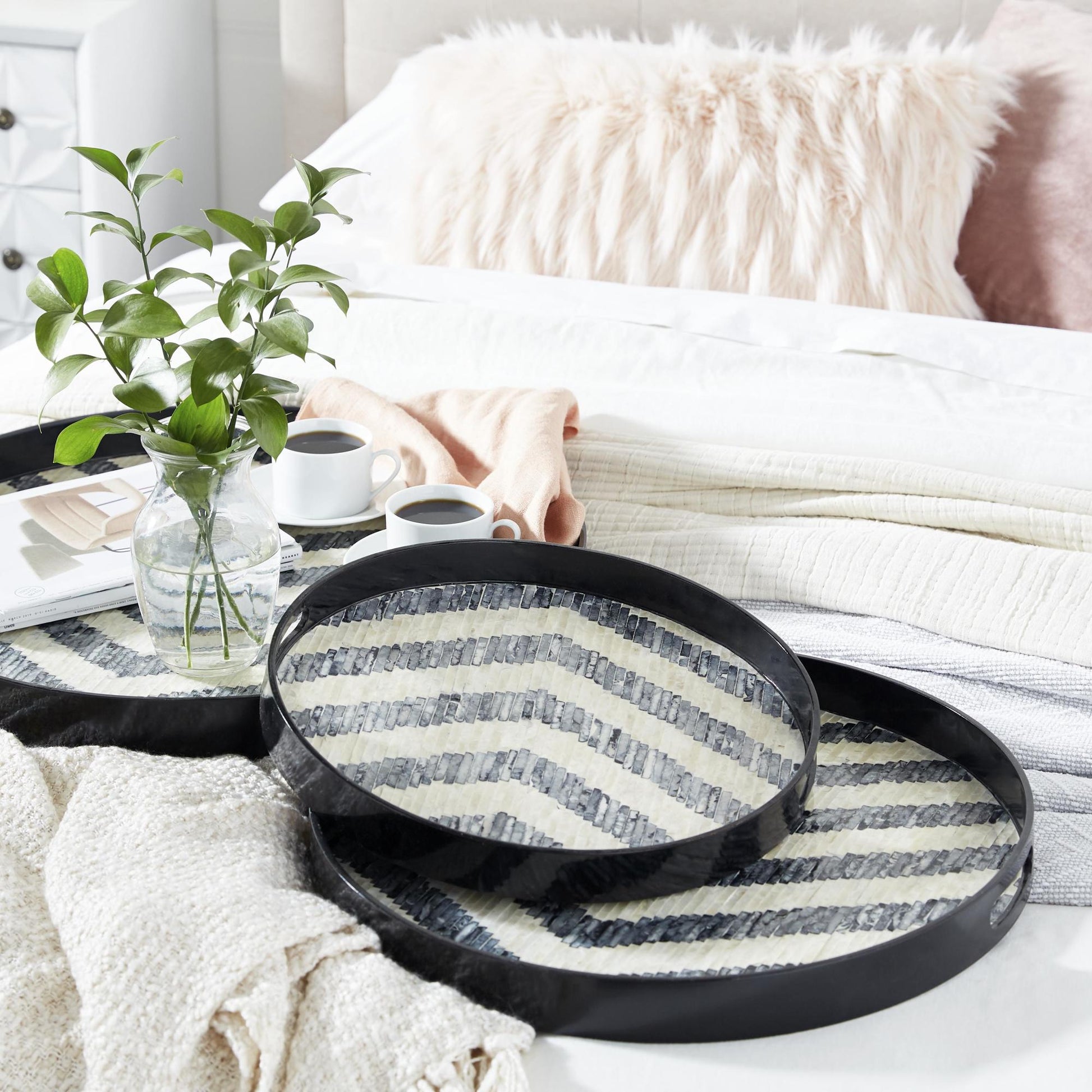 Set of 3 Mother of Pearl Shell Handmade Chevron Living Room Decor Tray with Slot Handles