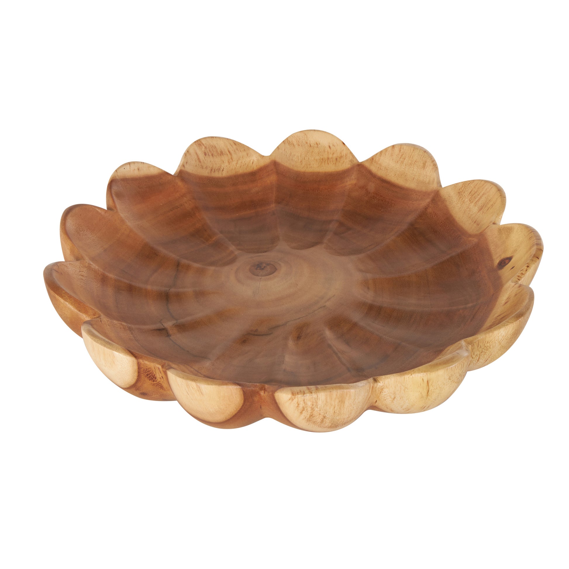 Floral Brown Teak Wood Handmade Large Decorative Bowl with Light Brown Tones
