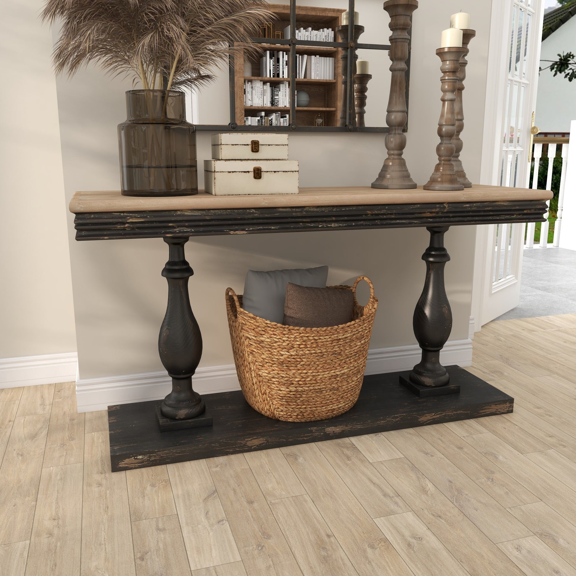 Black Wood Distressed Living Room Console Table with Brown Wood Top