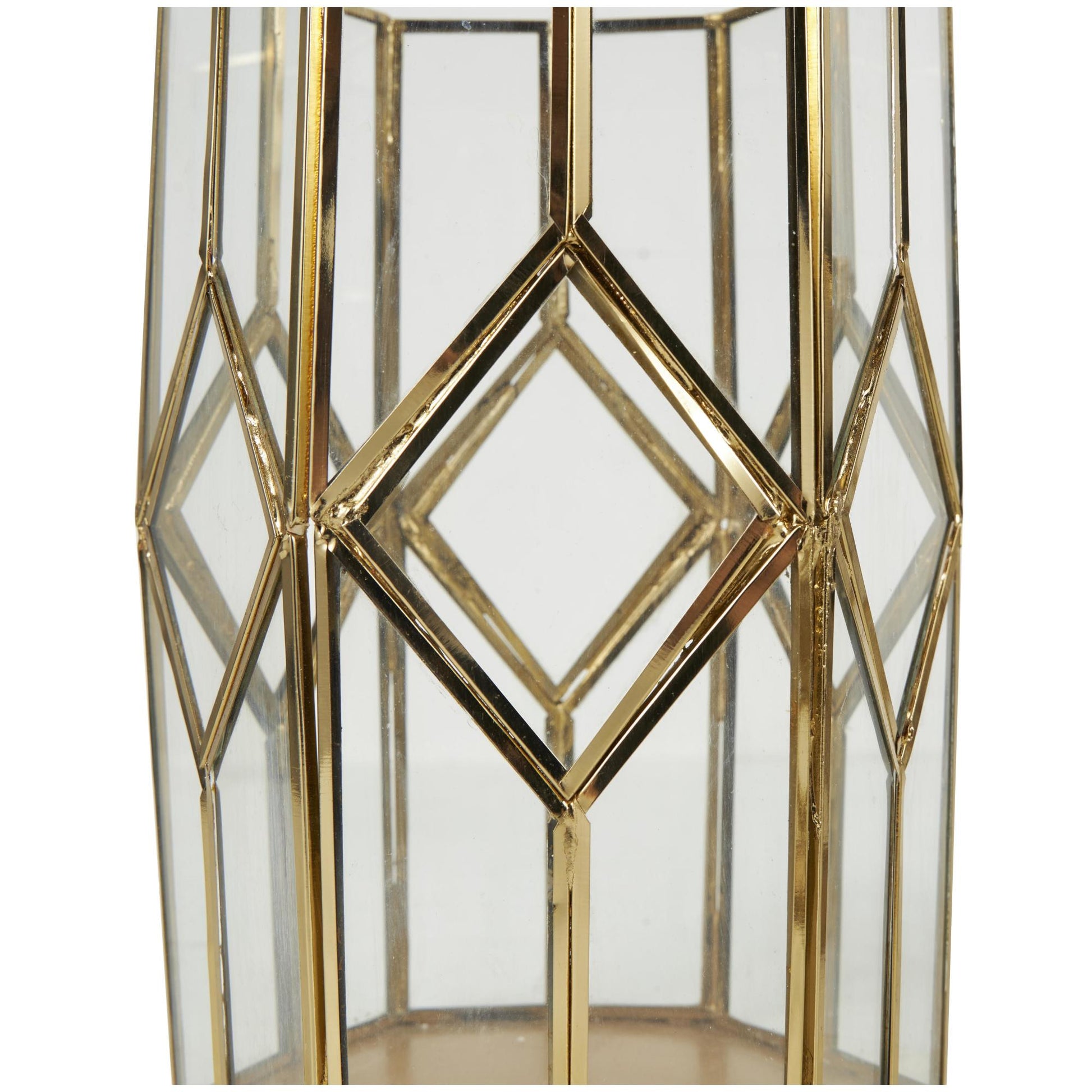 CosmoLiving by Cosmopolitan Set of 3 Geometric Gold Metal Diamond Patterned Hexagon Indoor Outdoor Candle Lantern with Clear Glass