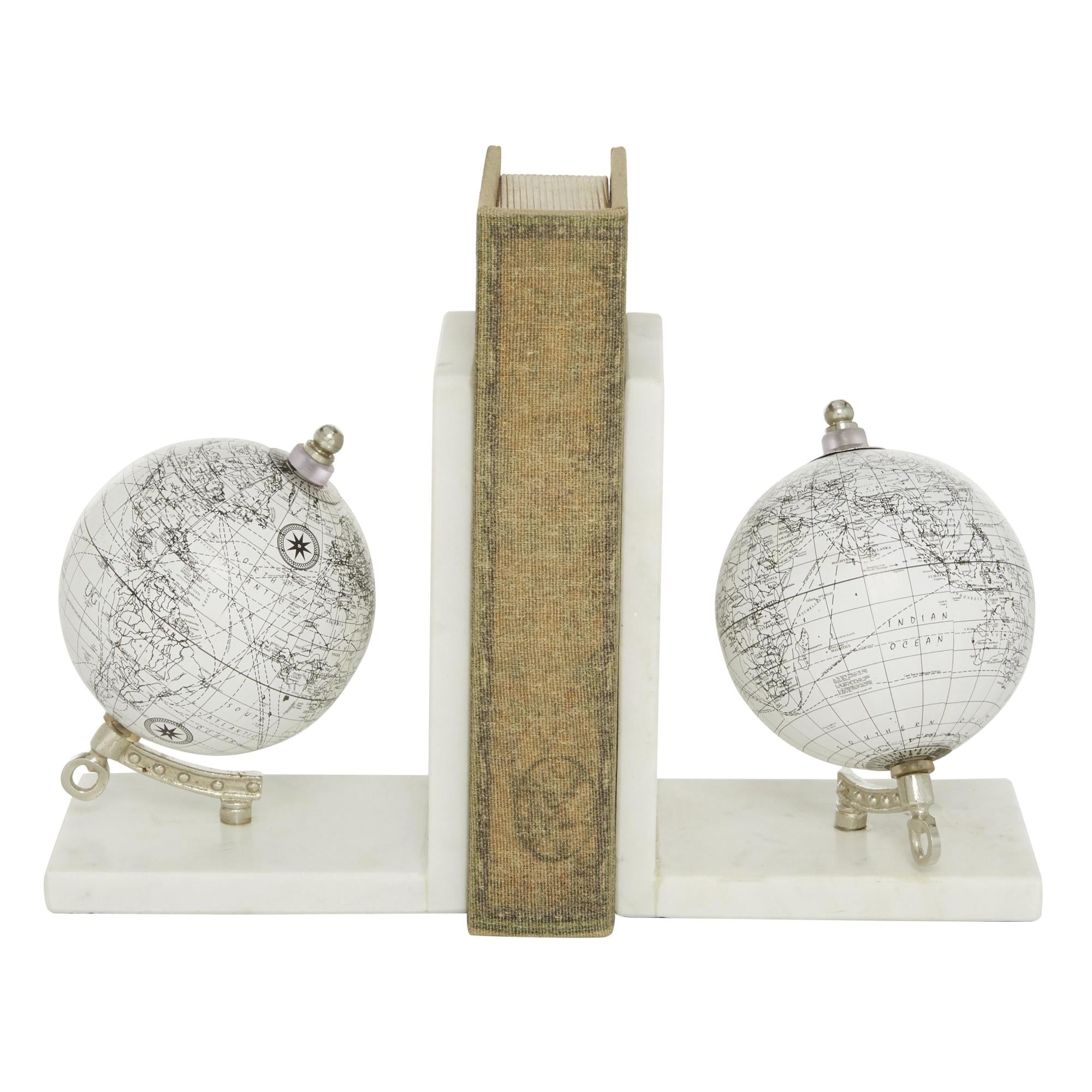 Set of 2 Globe White Marble Decorative Bookends with Silver Metal Accents