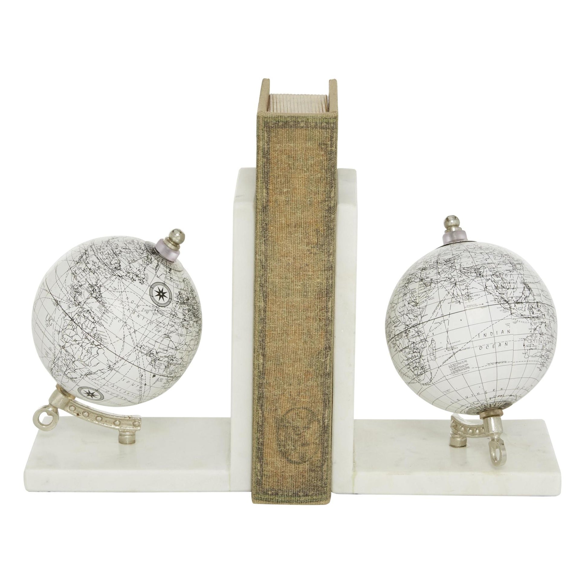Set of 2 Globe White Marble Decorative Bookends with Silver Metal Accents