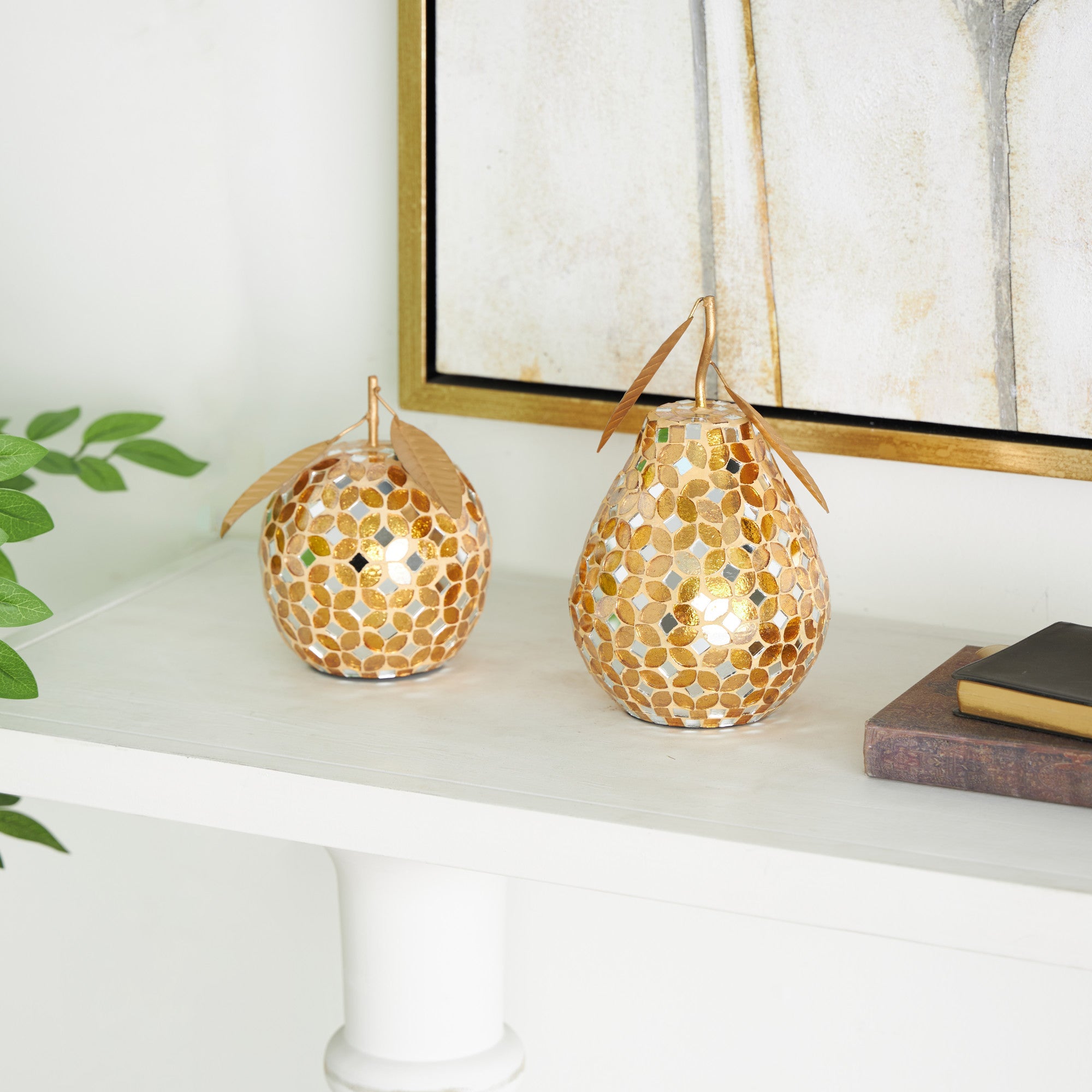 Set of 2 Fruit Gold Metal Decorative Sculpture with Mosaic Details