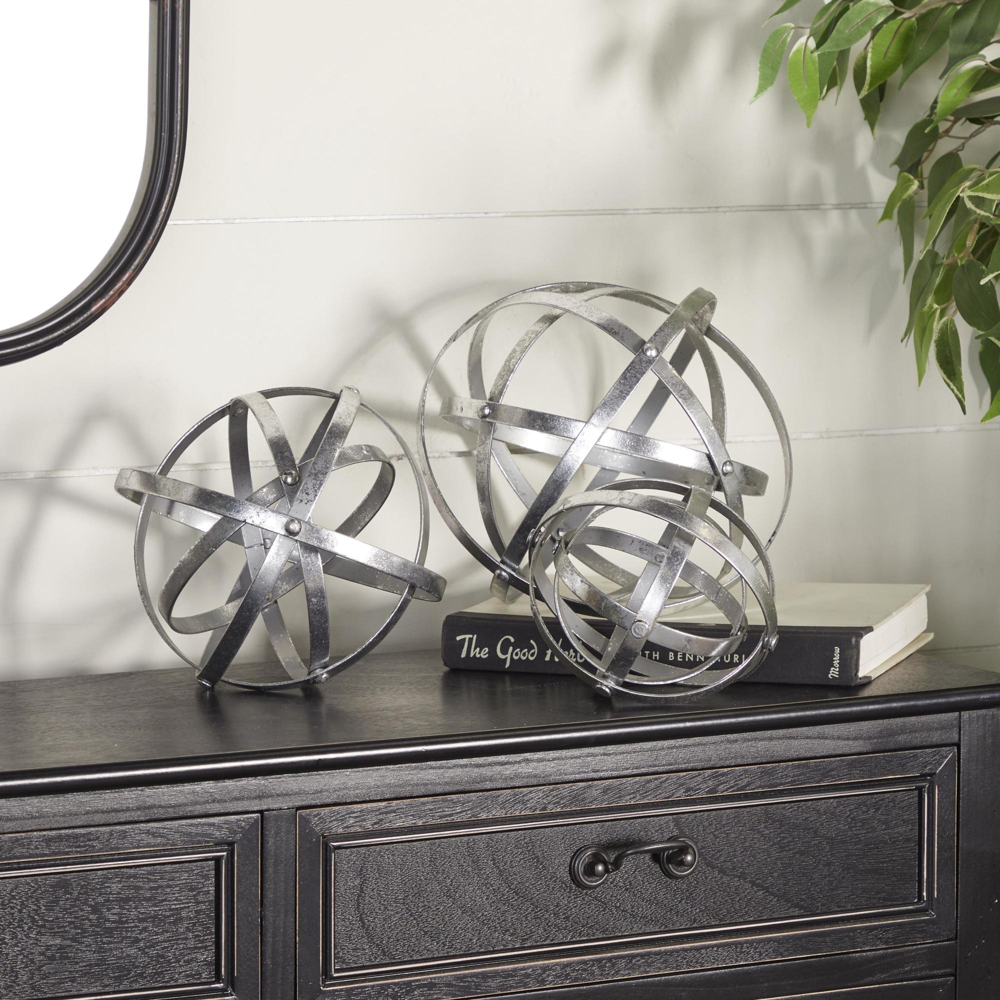 Set of 3 Geometric Silver Metal Decorative Sculpture