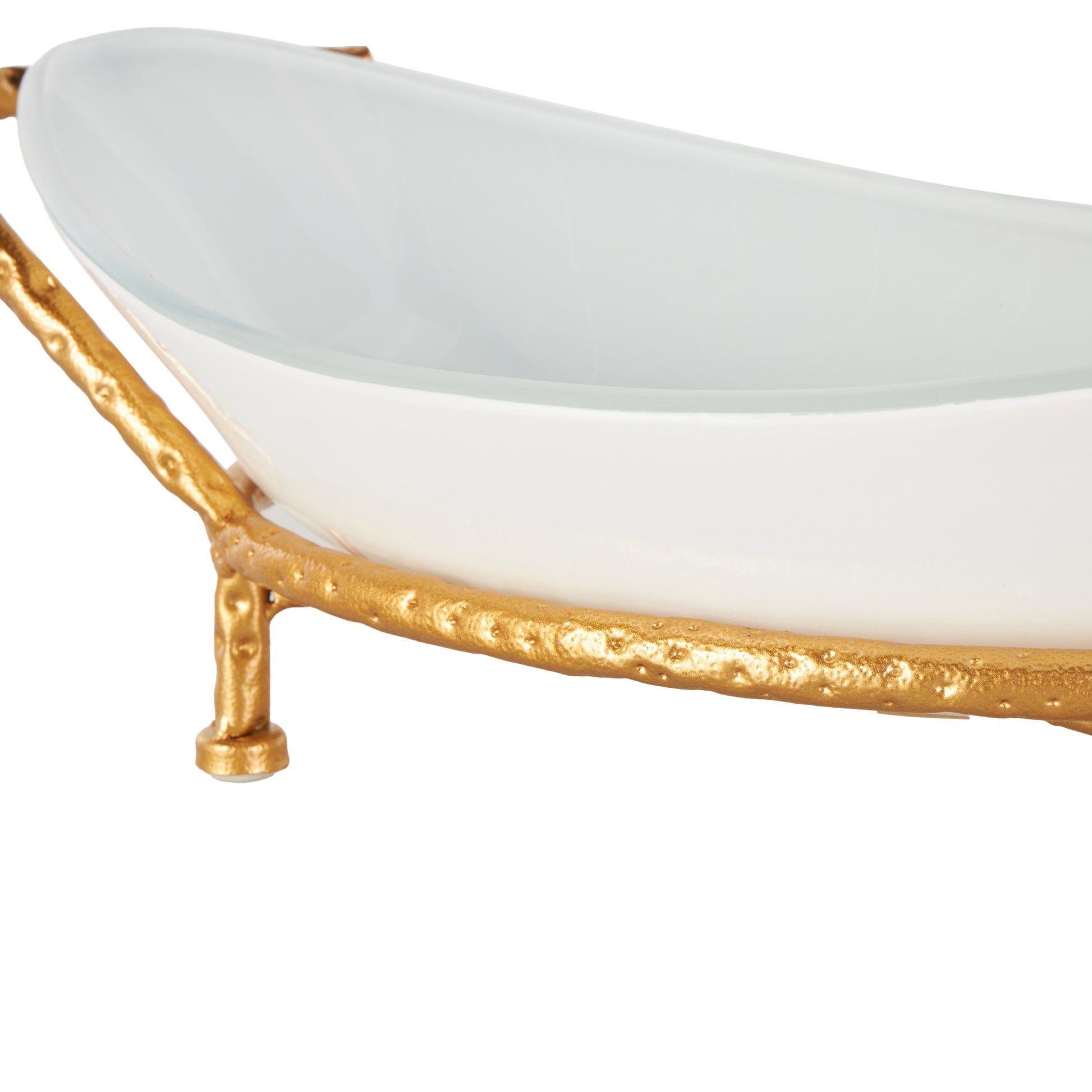 Kitchen White Tempered Glass Decorative Serving Bowl with Gold Metal Stand