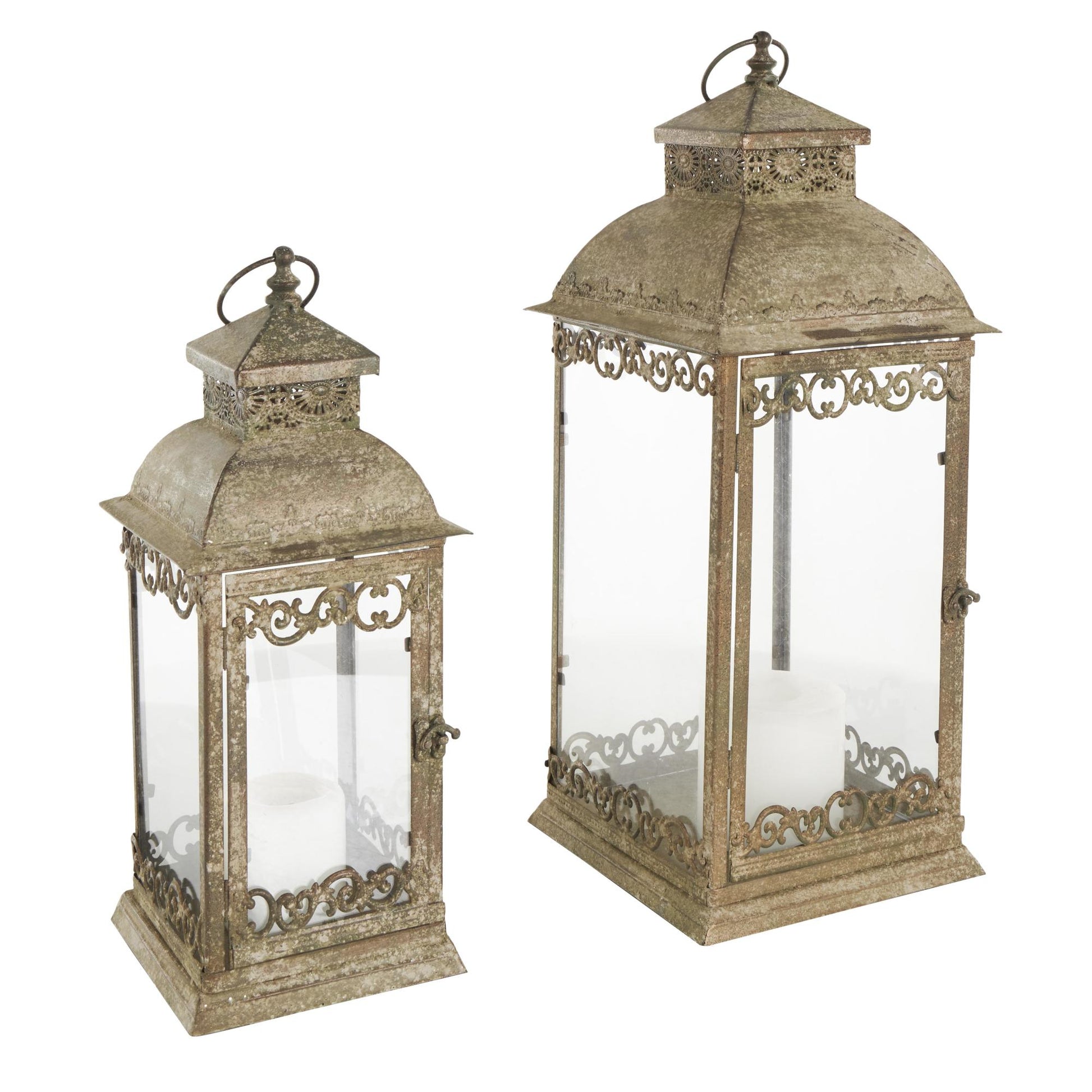 Set of 2 Scroll Brown Metal Distressed Vintage Inspired Indoor Outdoor Candle Lantern
