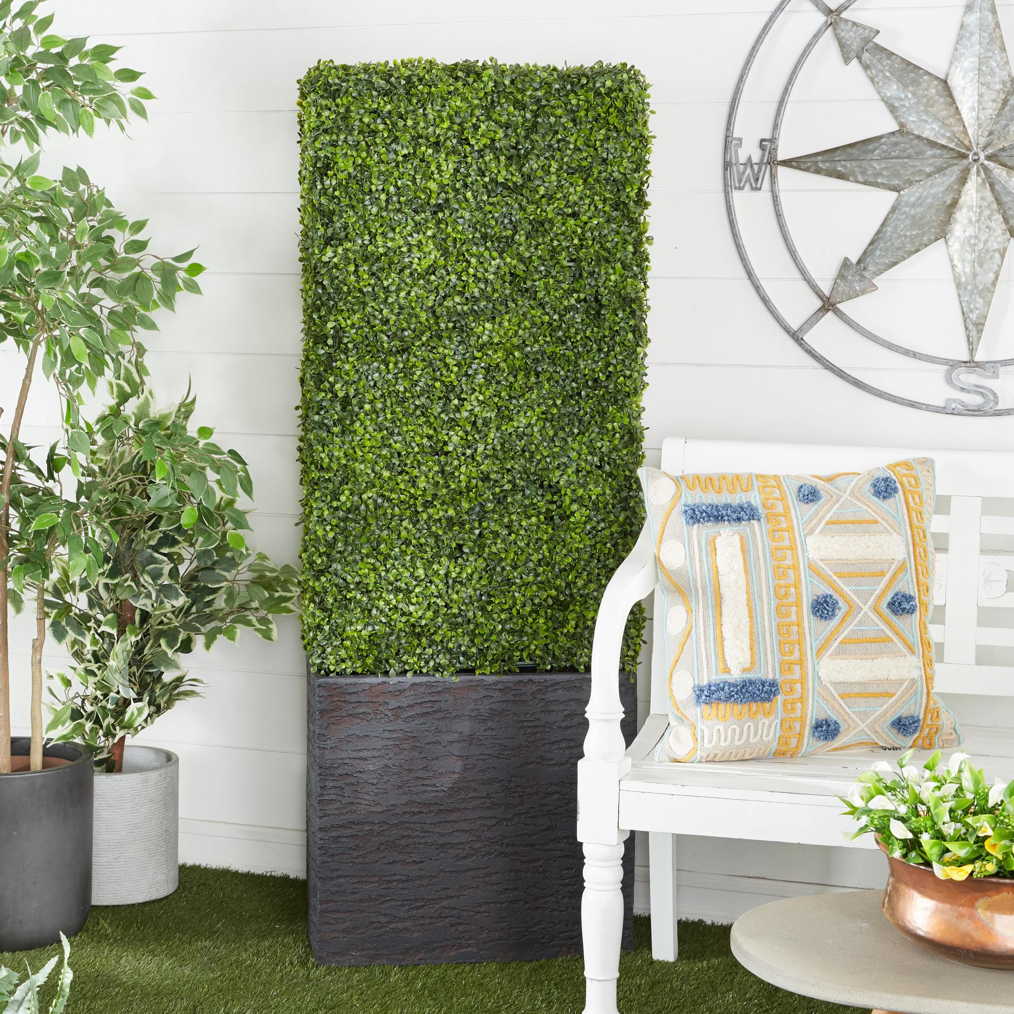 Boxwood Hedge Faux Foliage Tall Indoor Outdoor Topiary with Realistic Leaves and Black Cement Planter Box 22" x 9" x 59"