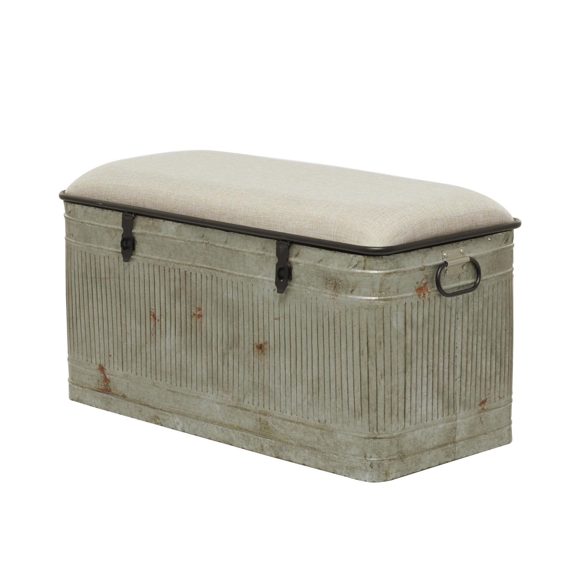 Gray Metal Galvanized Room Storage Bench with Cream Burlap Top and Black Latches