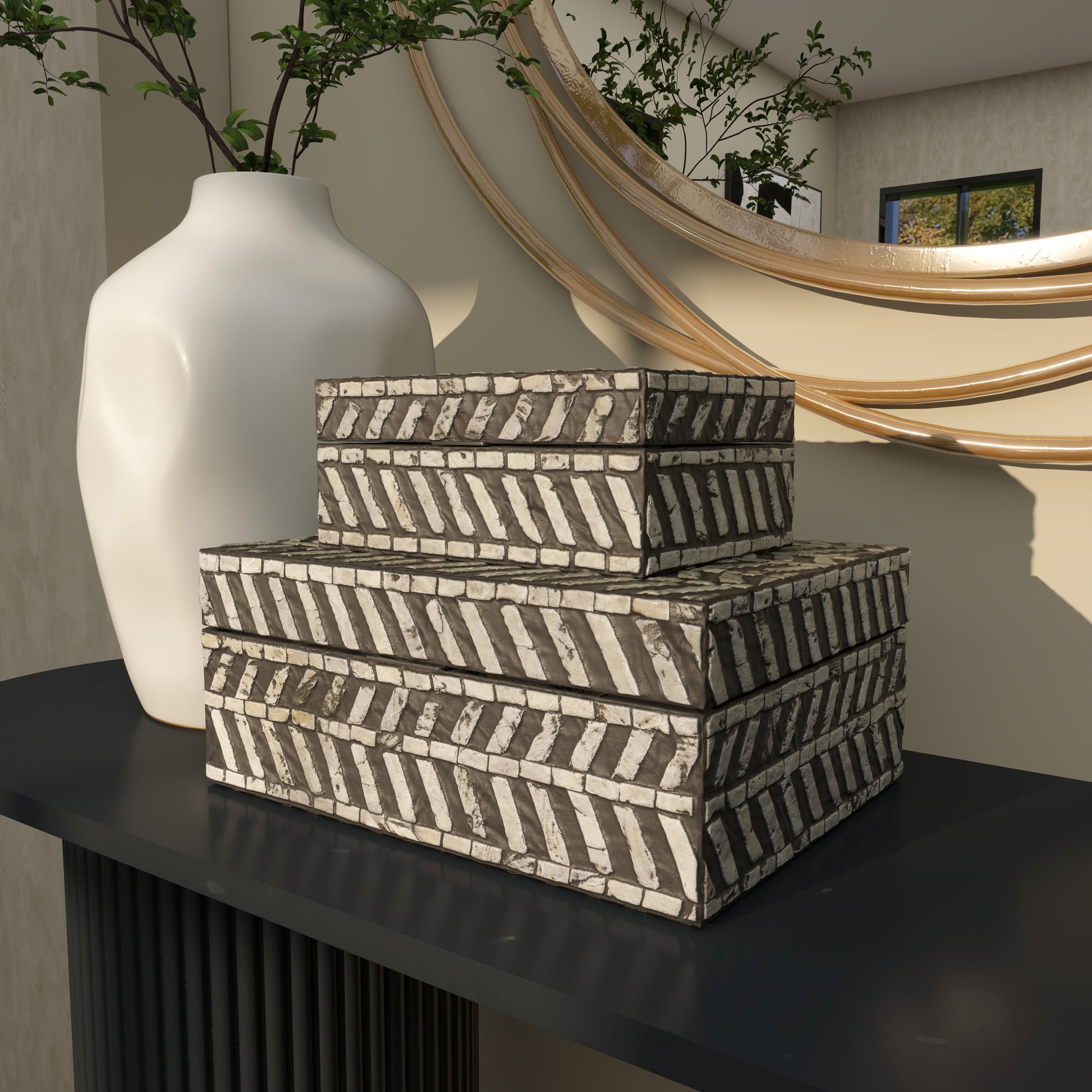 Set of 2 Mother of Pearl Shell Handmade Decorative Box with Hinged Lid Set of 2 12", 8"W