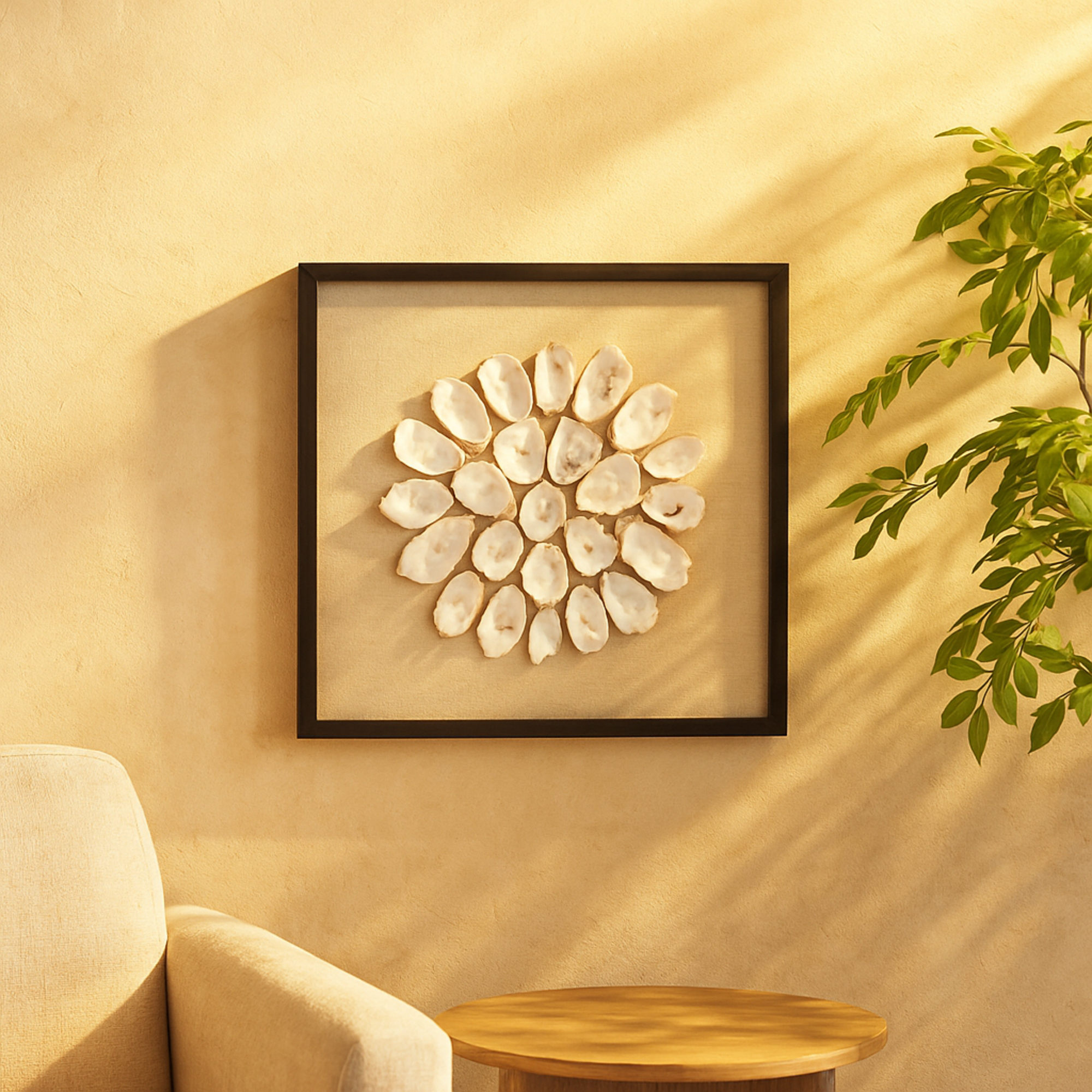 Shell Cream Shell Handmade Abstract Circular Home Wall Decor with Beige Linen Backing and Black Frame