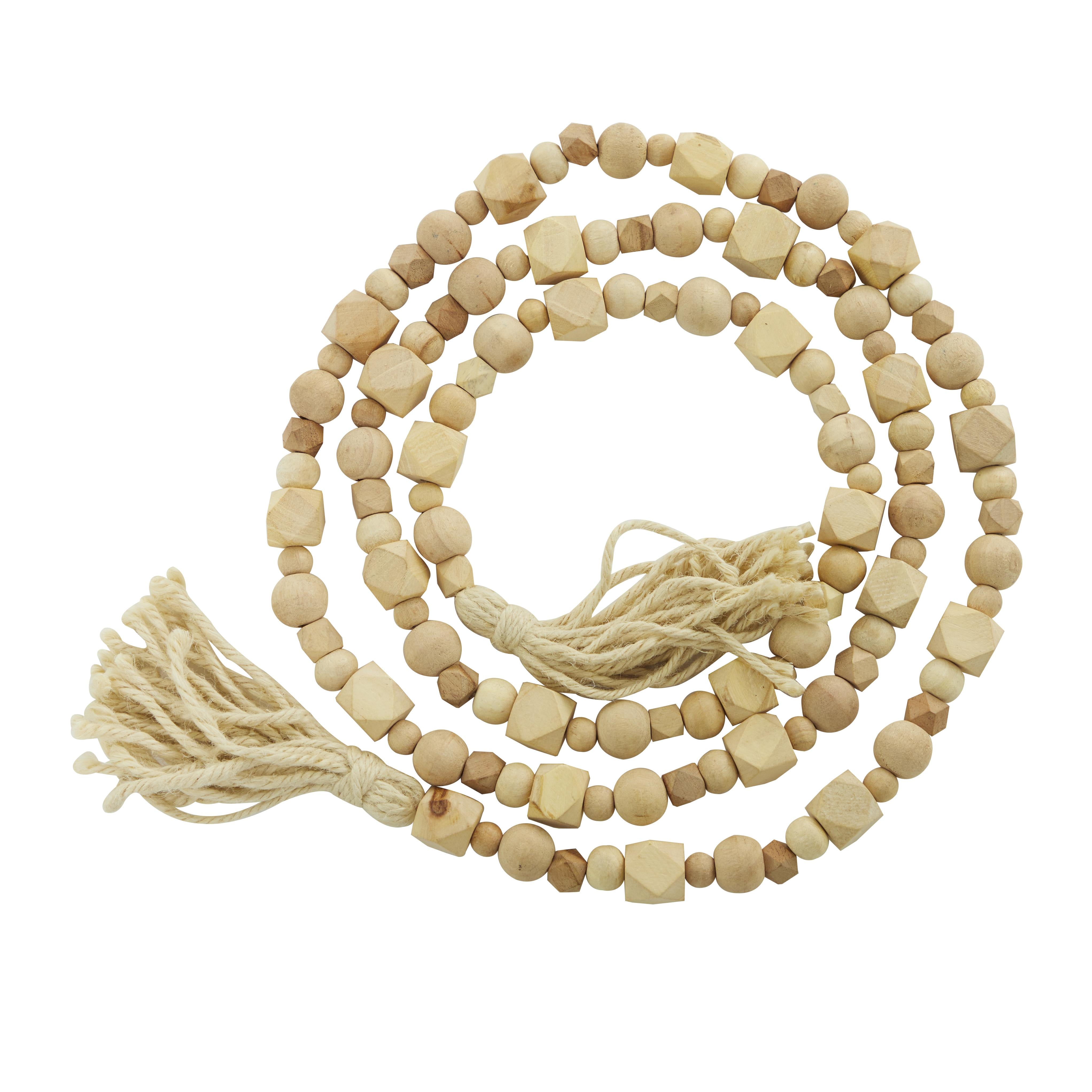 Mango Wood Handmade Hexagon Carved Geometric Long Beaded Garland with Tassel