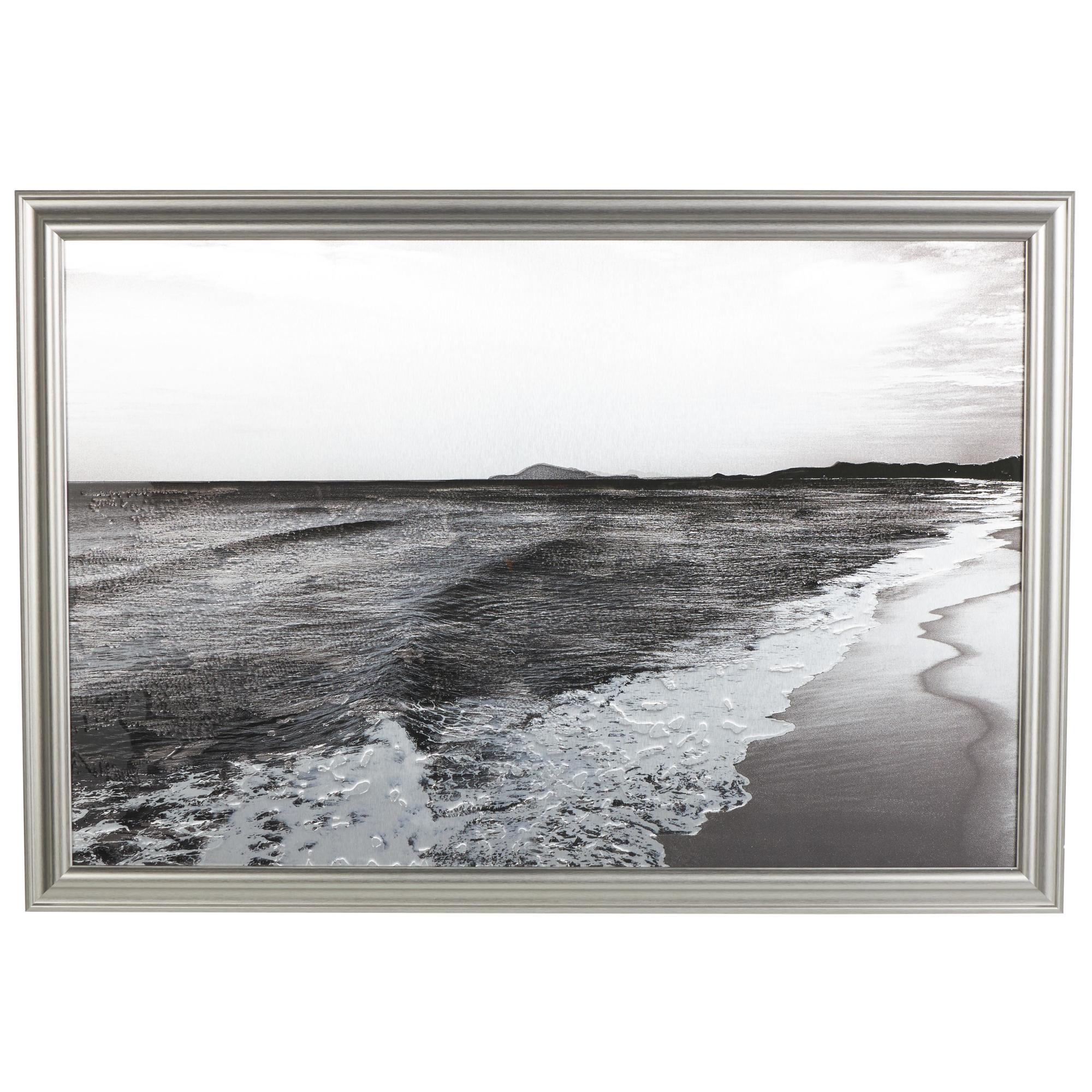 Landscape Silver Canvas Textured Ocean Living Room Framed Wall Art with Black and White Accents