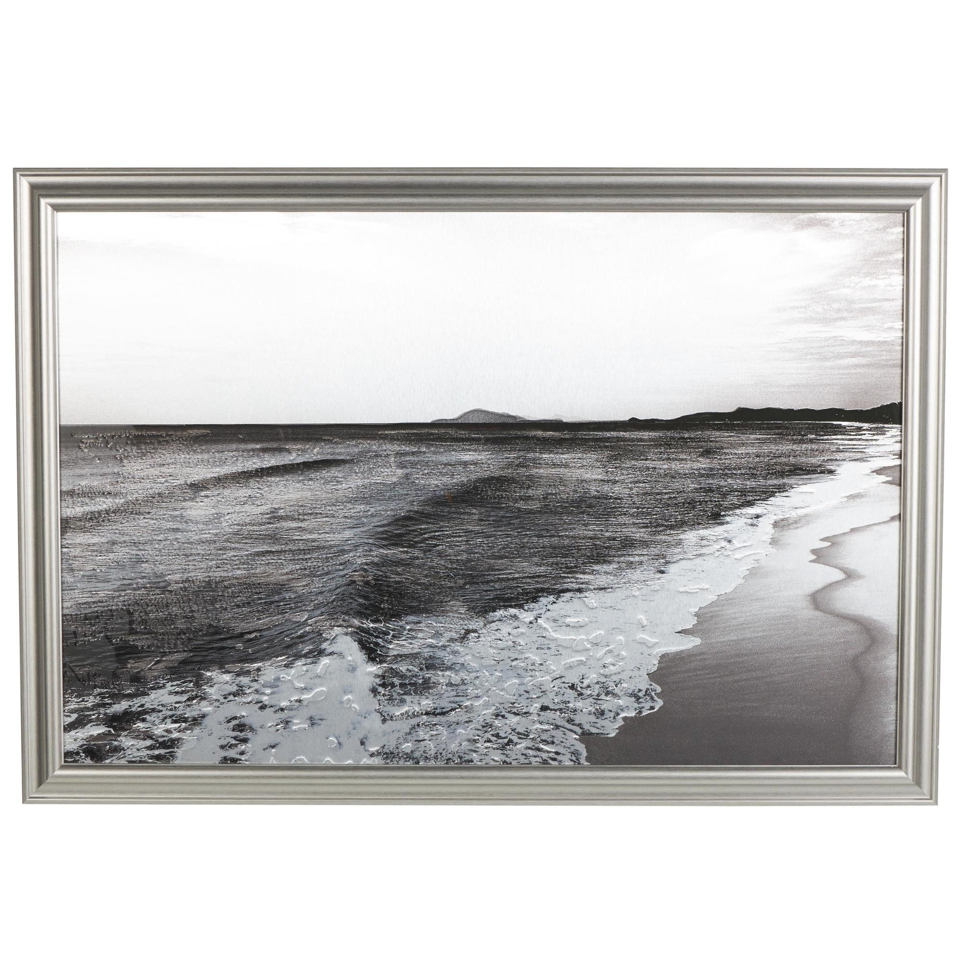 Landscape Silver Canvas Textured Ocean Living Room Framed Wall Art with Black and White Accents