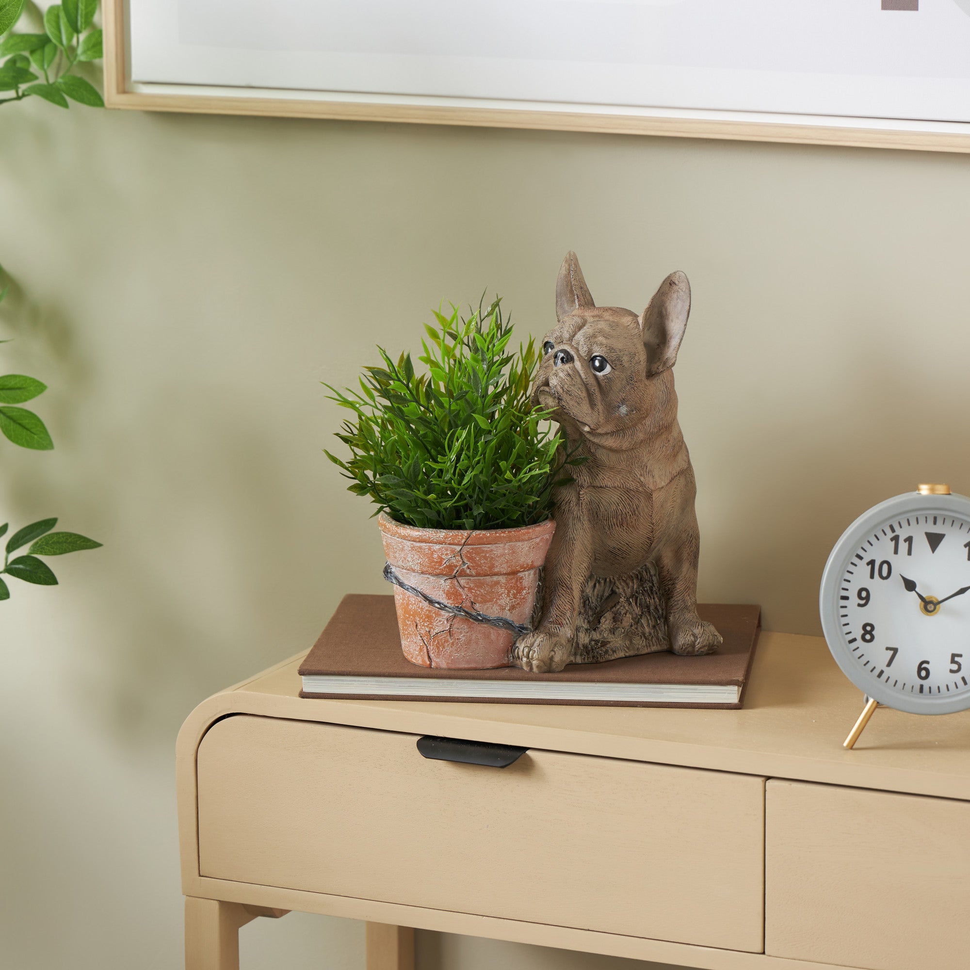 Dog Brown Resin Textured Indoor Outdoor Planter with Antique Pot