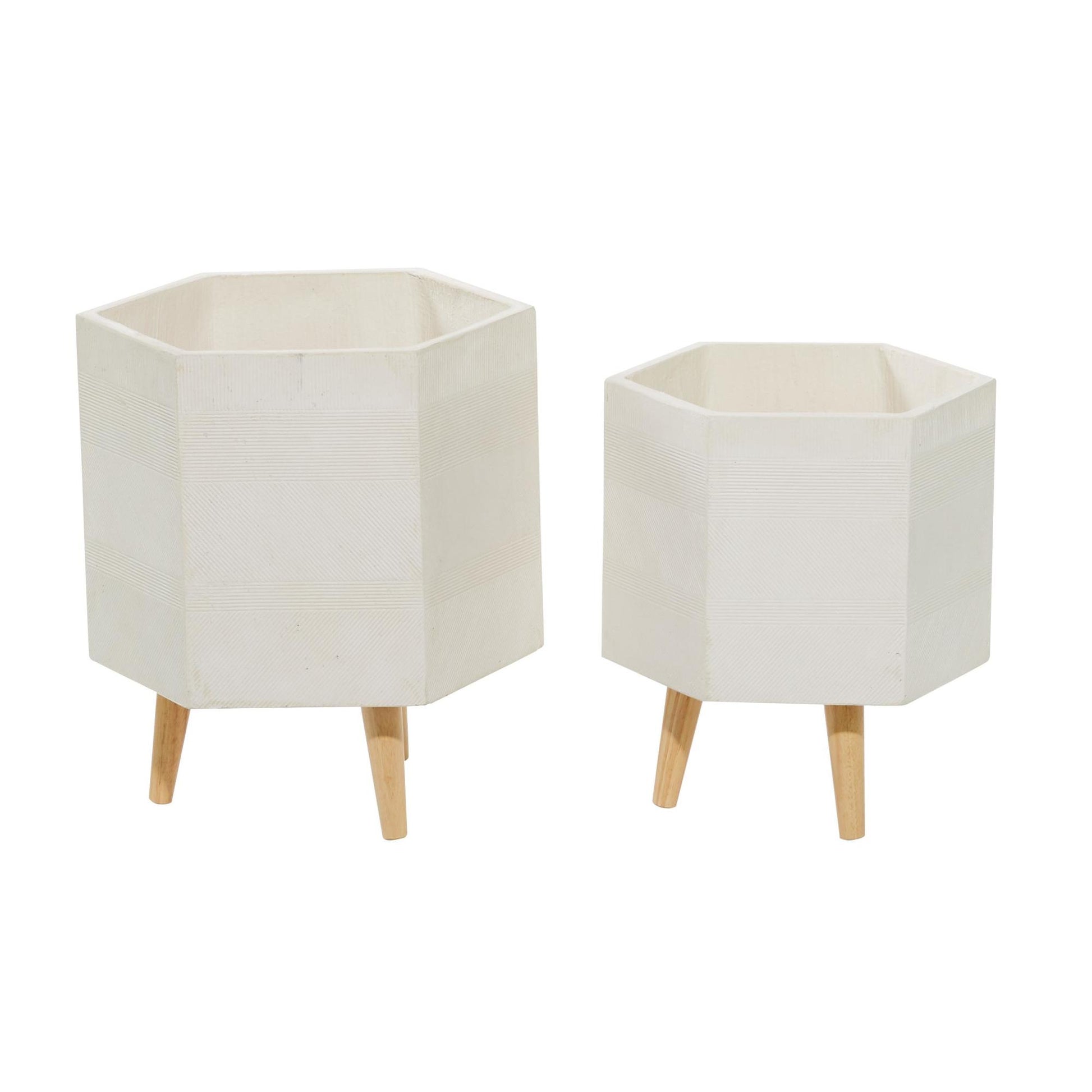 Set of 2 White Magnesium Oxide Indoor Outdoor Planter with Wood Tripod Legs