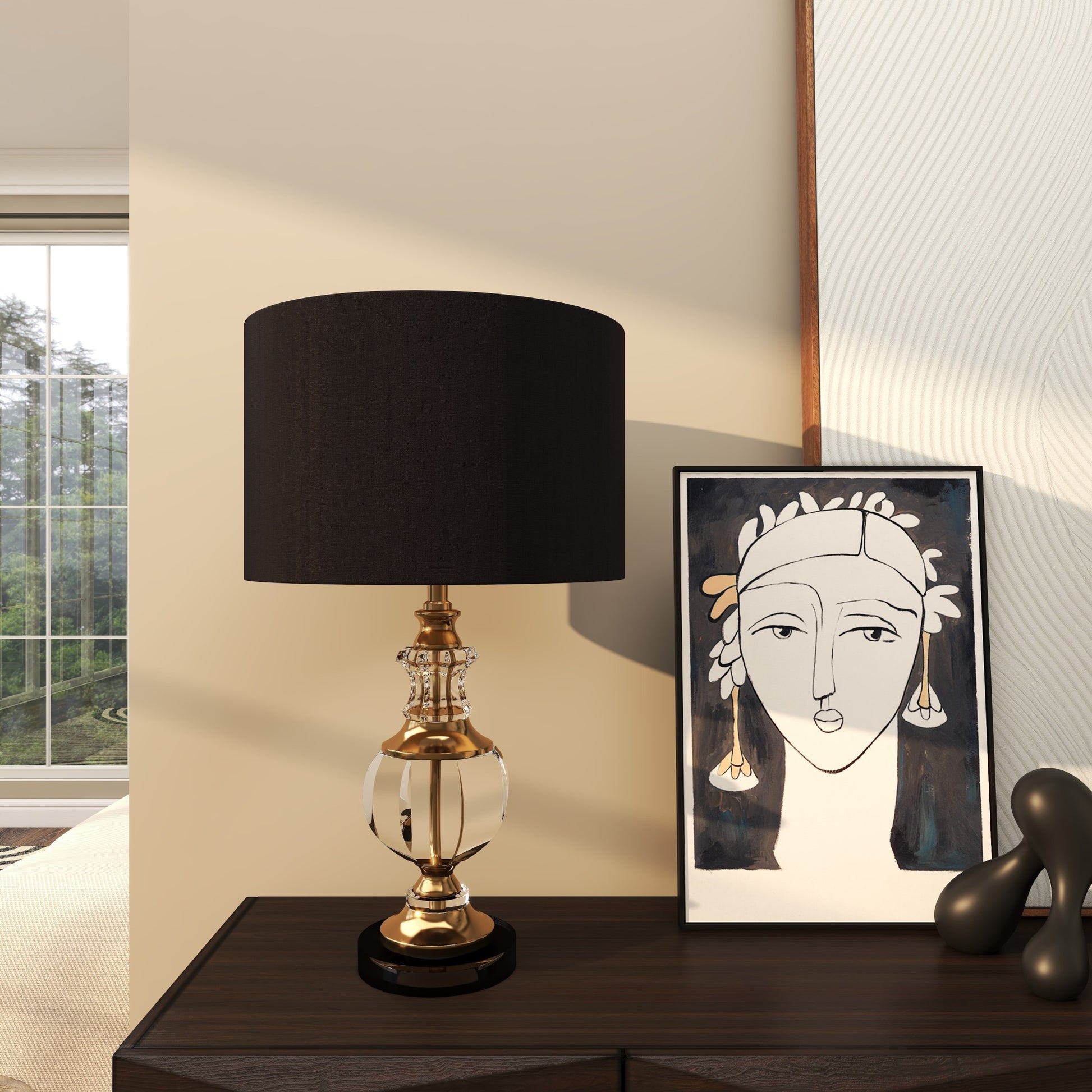 Gold Crystal Room Table Lamp with Black Lampshade