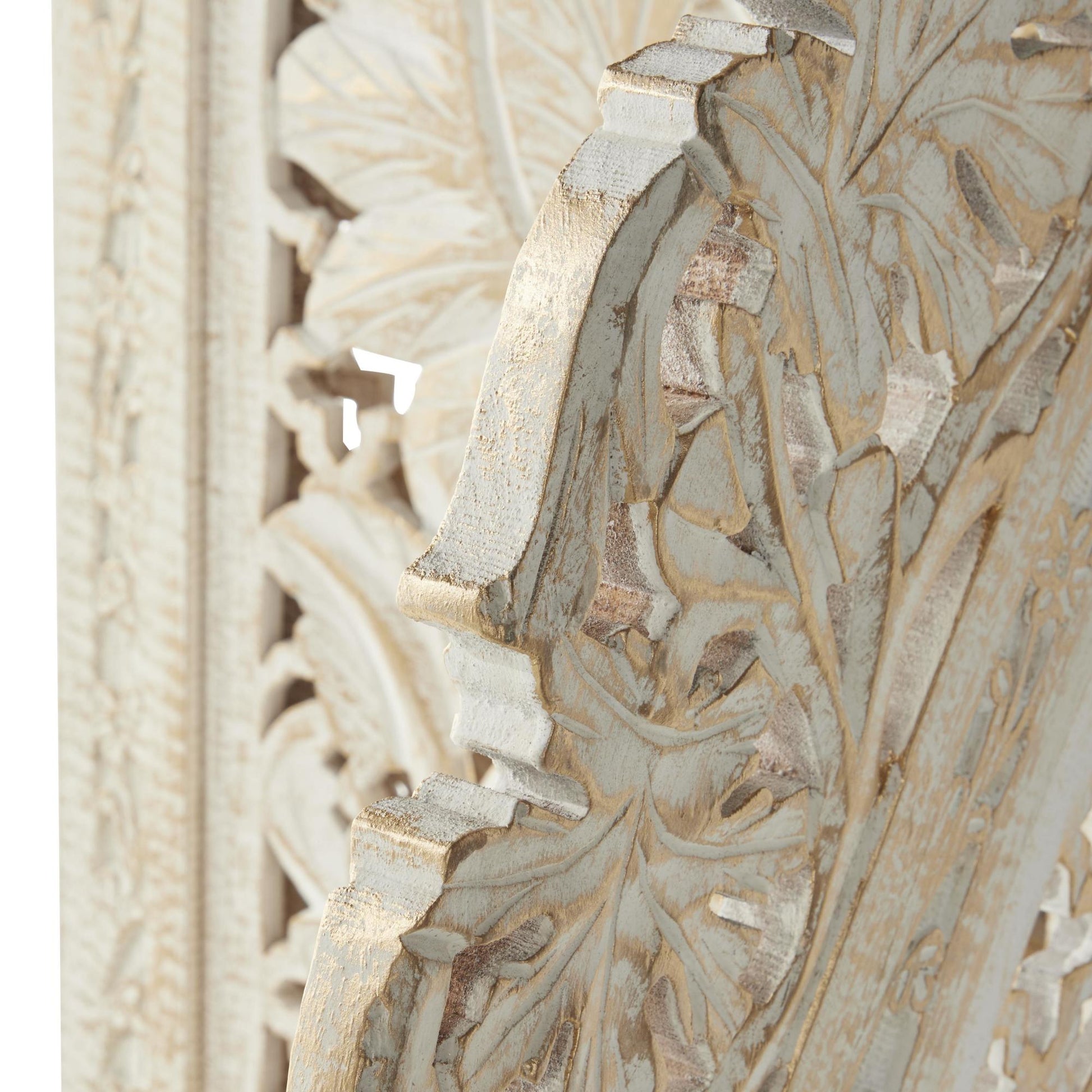 Floral White Wood Handmade Foldable Partition 4 Panel Partition Room Divider Screen with Carved Designs
