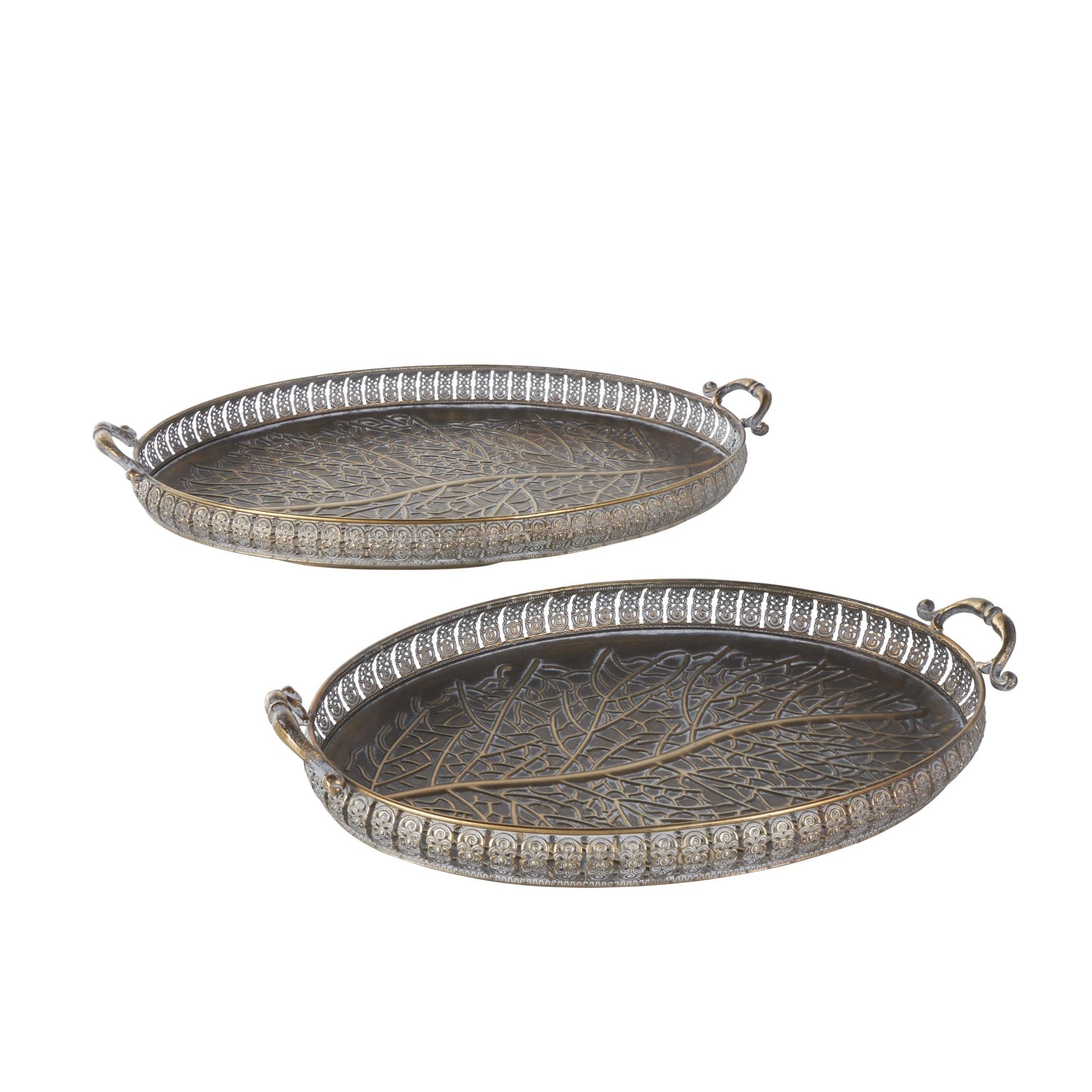 Set of 2 Scroll Brass Metal Ornate Oval Living Room Decor Tray with Tree Patterned Interior