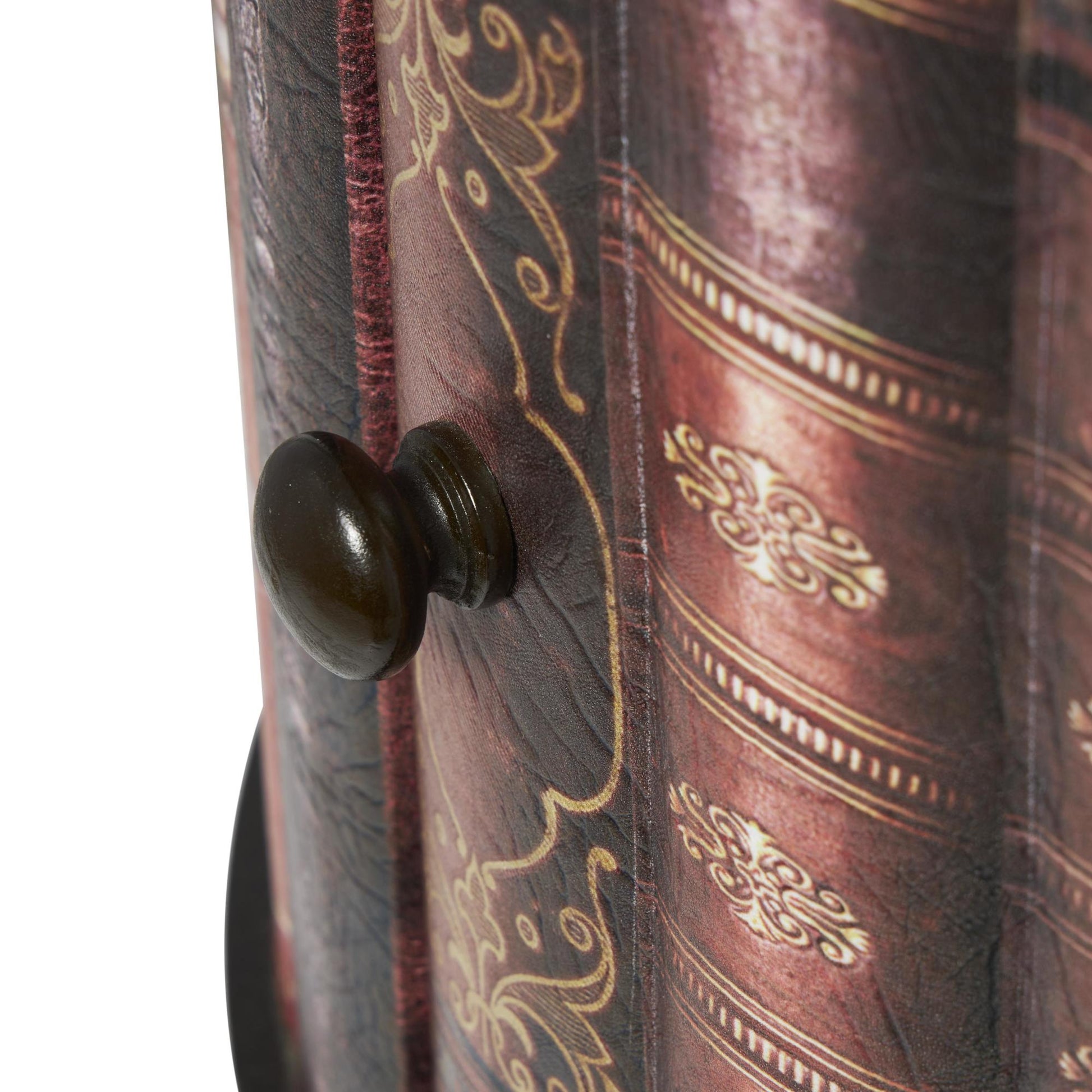 Red Faux Leather Circular Storage 2 Door Room Cabinet with Stacked Book Design and Scroll Details
