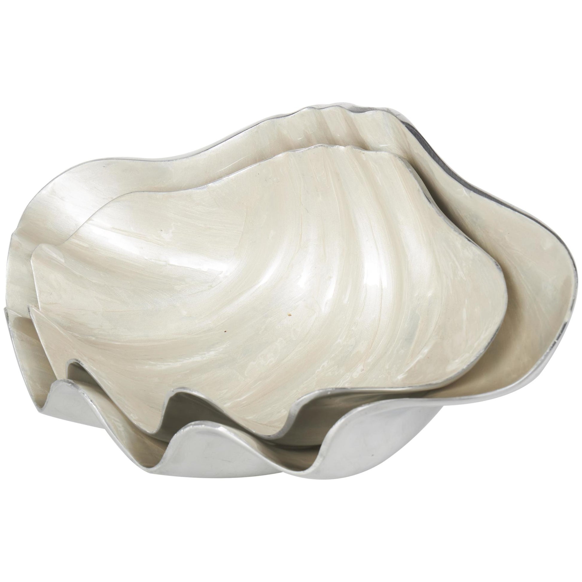 Set of 2 Shell Aluminum Metal Enameled Large Decorative Bowl with Silver Metal Exterior