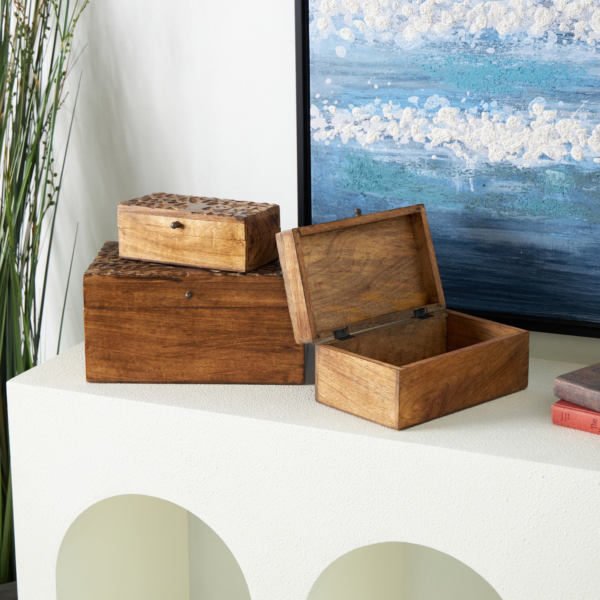 Set of 3 Floral Brown Mango Wood Handmade Decorative Box with Hinged Lid