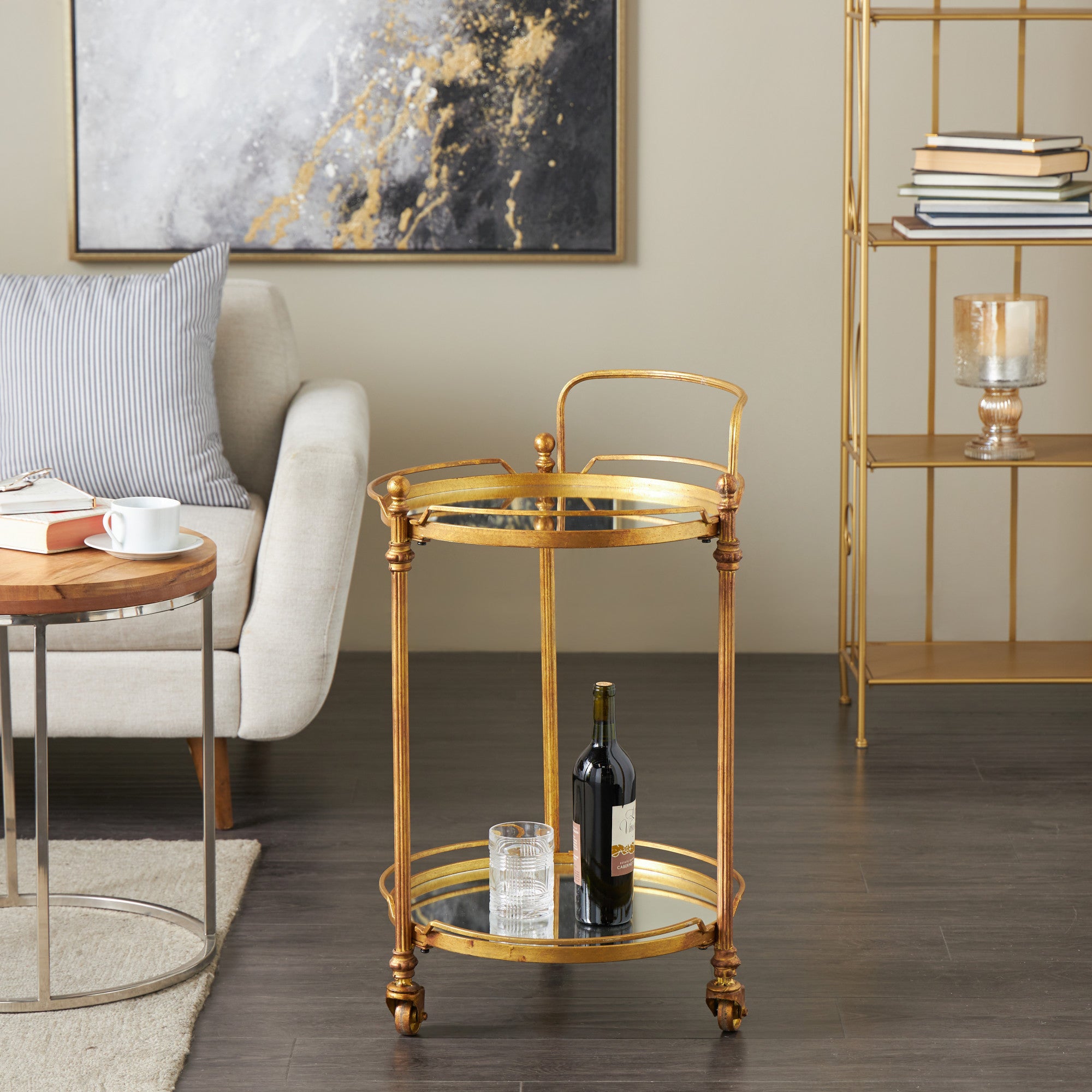 Brass Metal Rolling 2 Shelf Home Bar Cart with Wheels and Handle