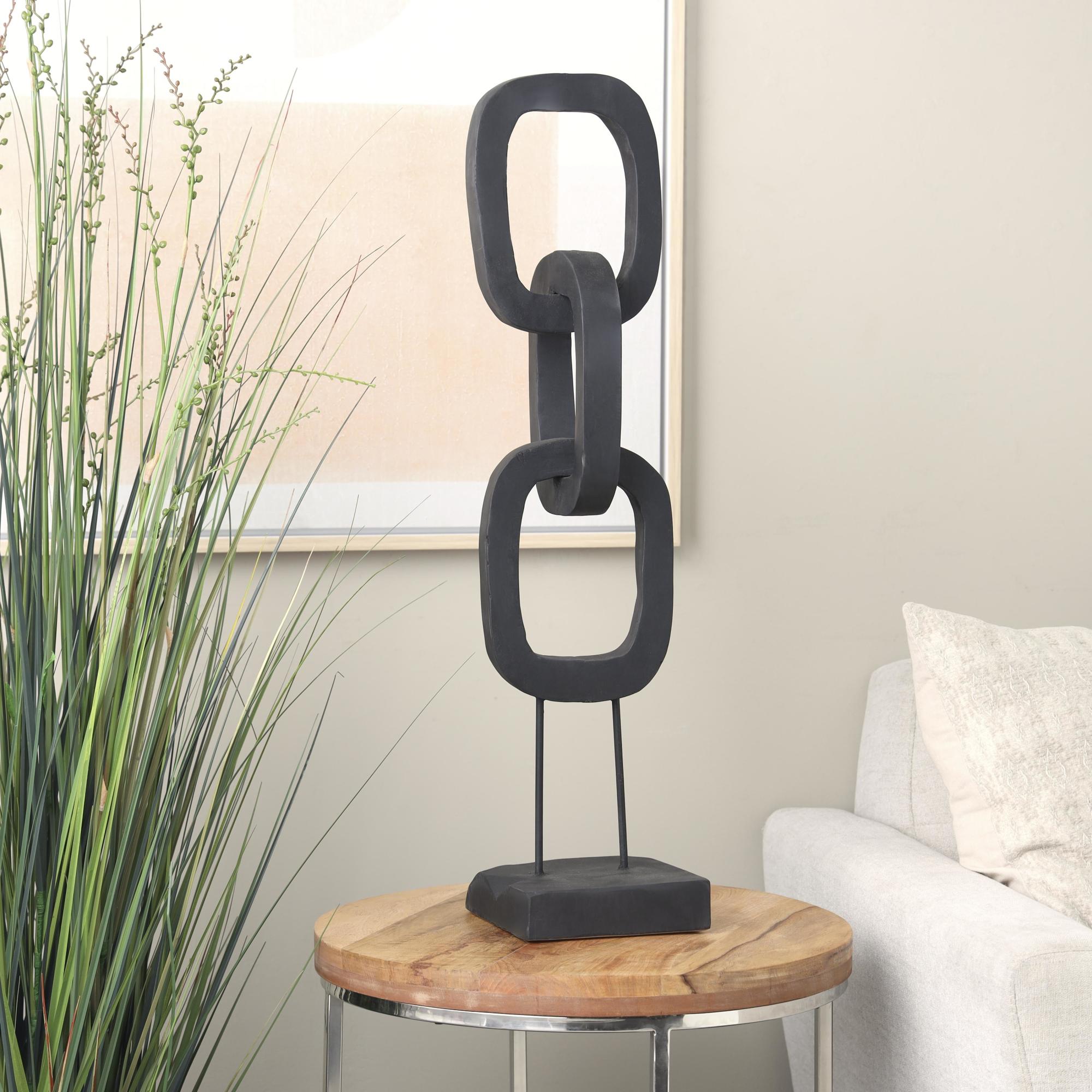Chain Black Teak Wood Tall 3 Link Decorative Sculpture with Stand
